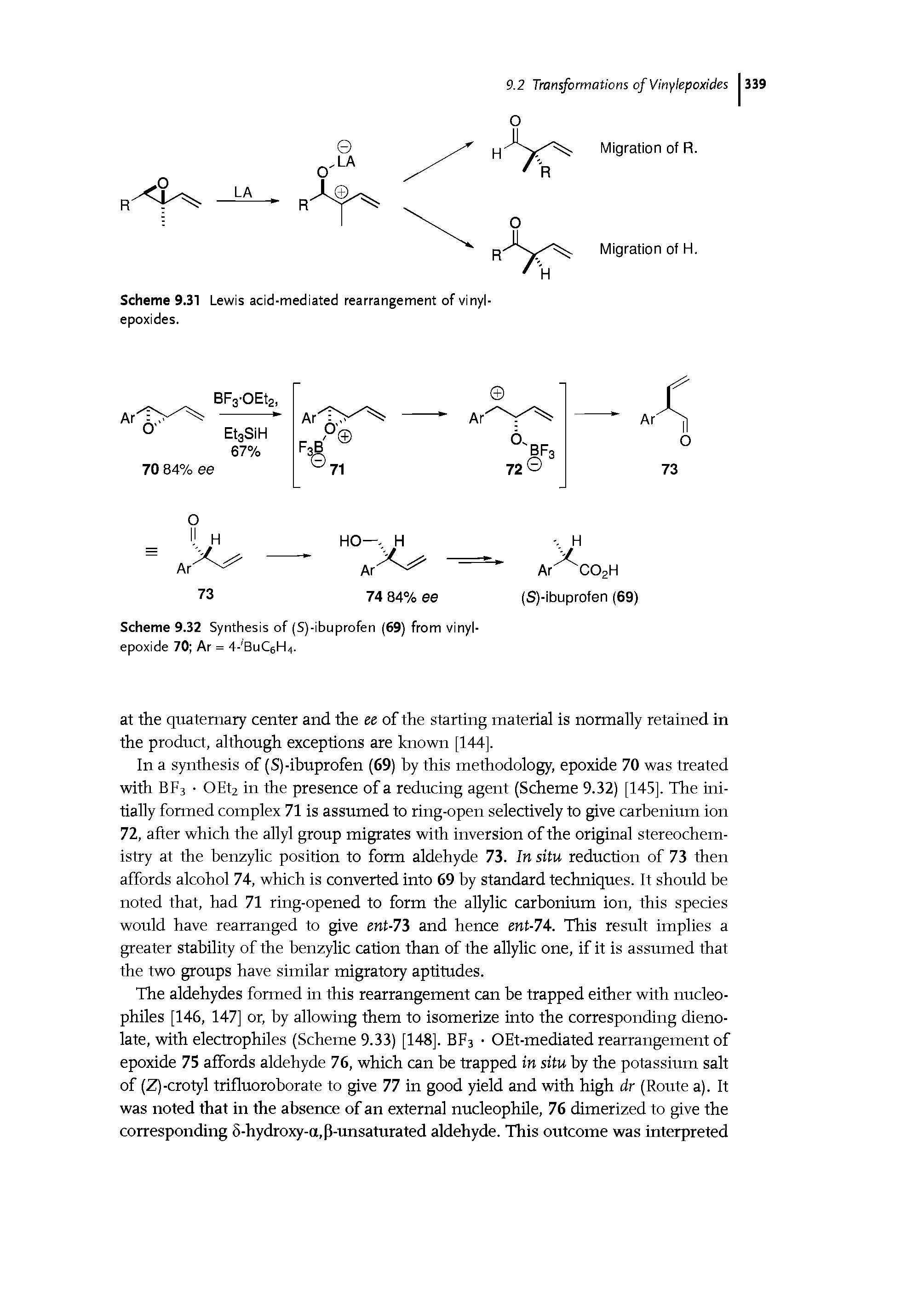 Scheme 9.32 Synthesis of (S)-ibuprofen (69) from vinyl-epoxide 70 Ar = 4- BuC6H4.