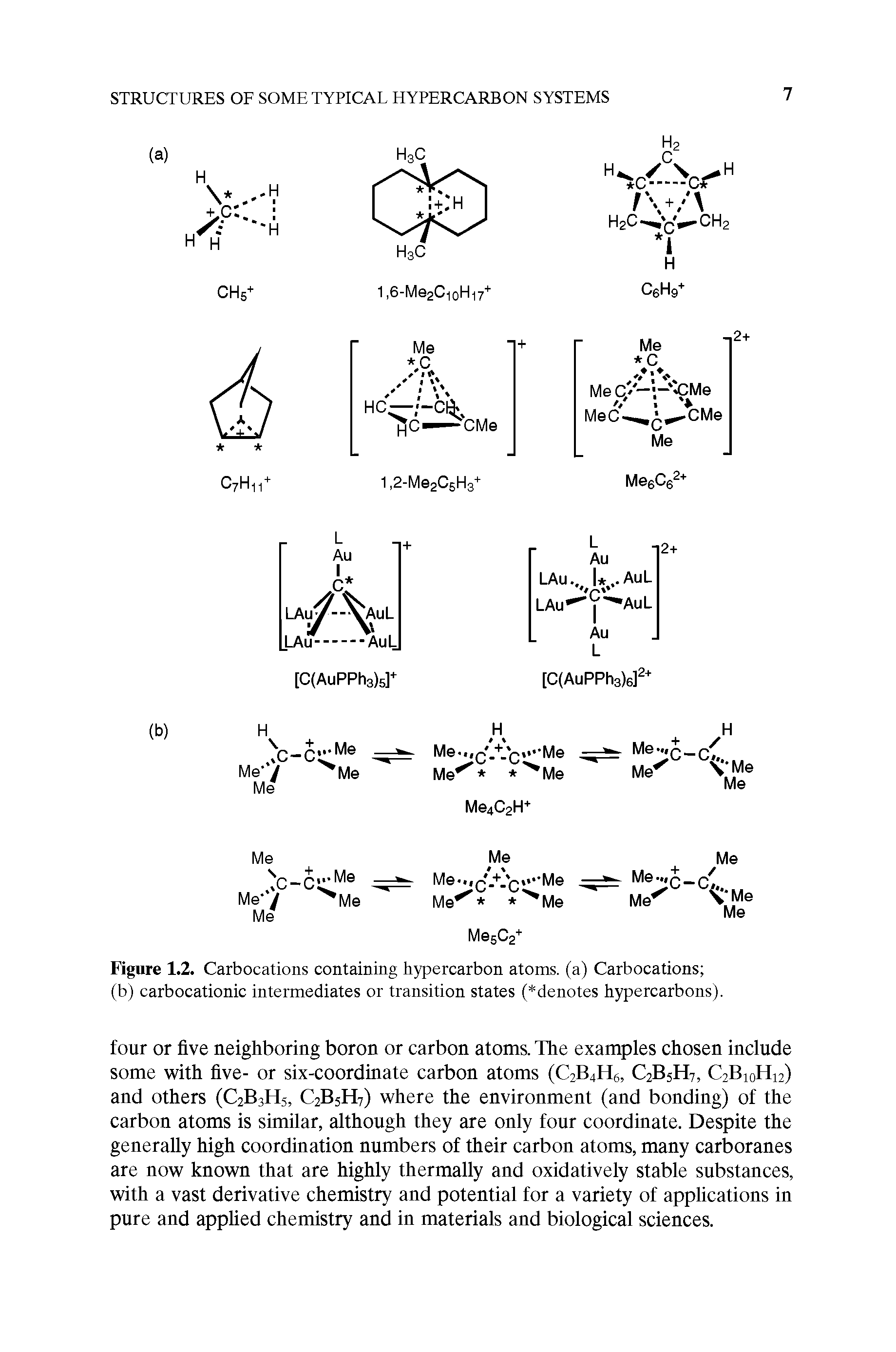 Figure 1.2. Carbocations containing hypercarbon atoms, (a) Carbocations (b) carbocationic intermediates or transition states ( denotes hypercarbons).