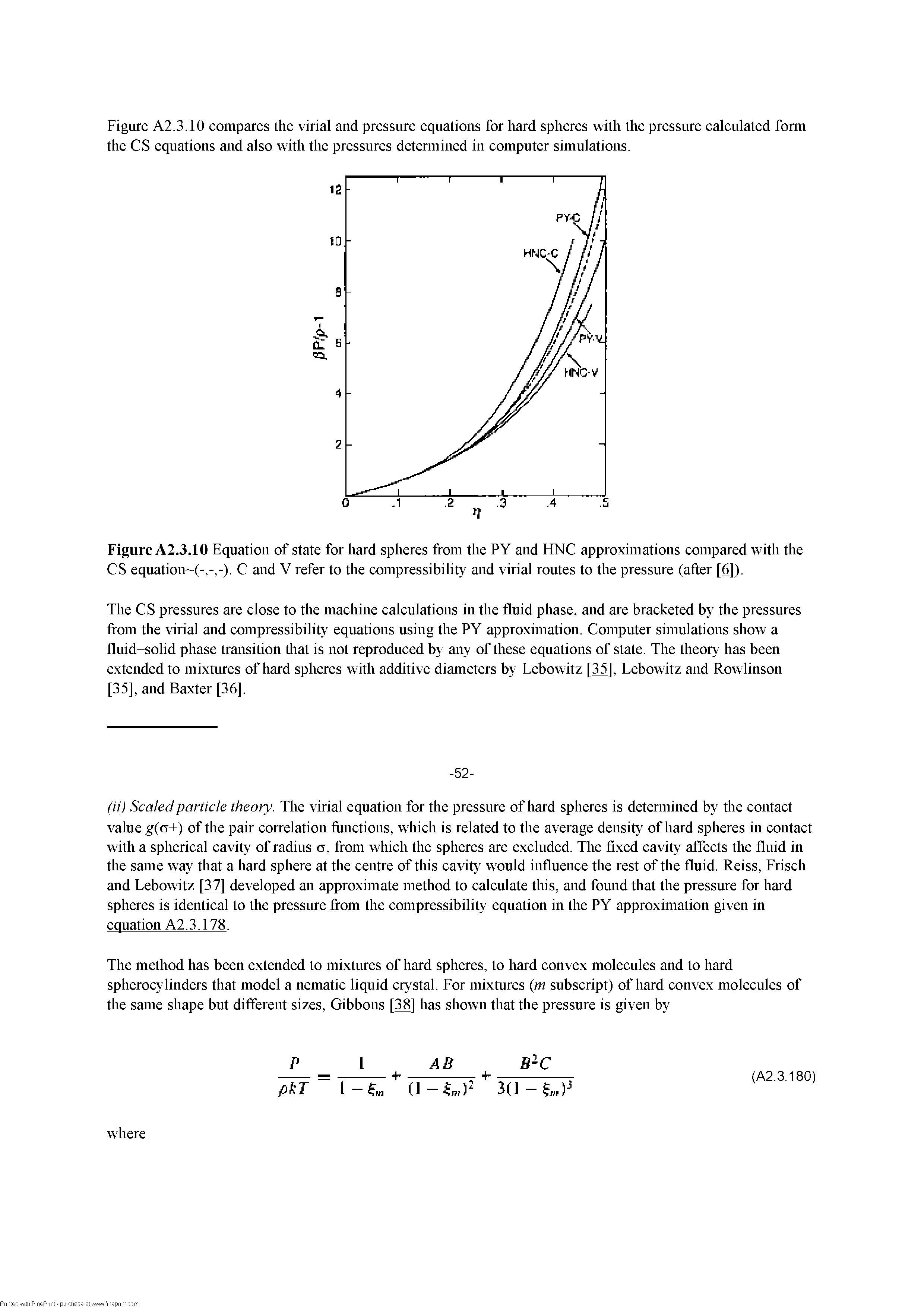 Figure A2.3.10 Equation of state for hard spheres from the PY and FfNC approximations compared with the CS equation (-,-,-). C and V refer to the compressibility and virial routes to the pressure (after [6]).