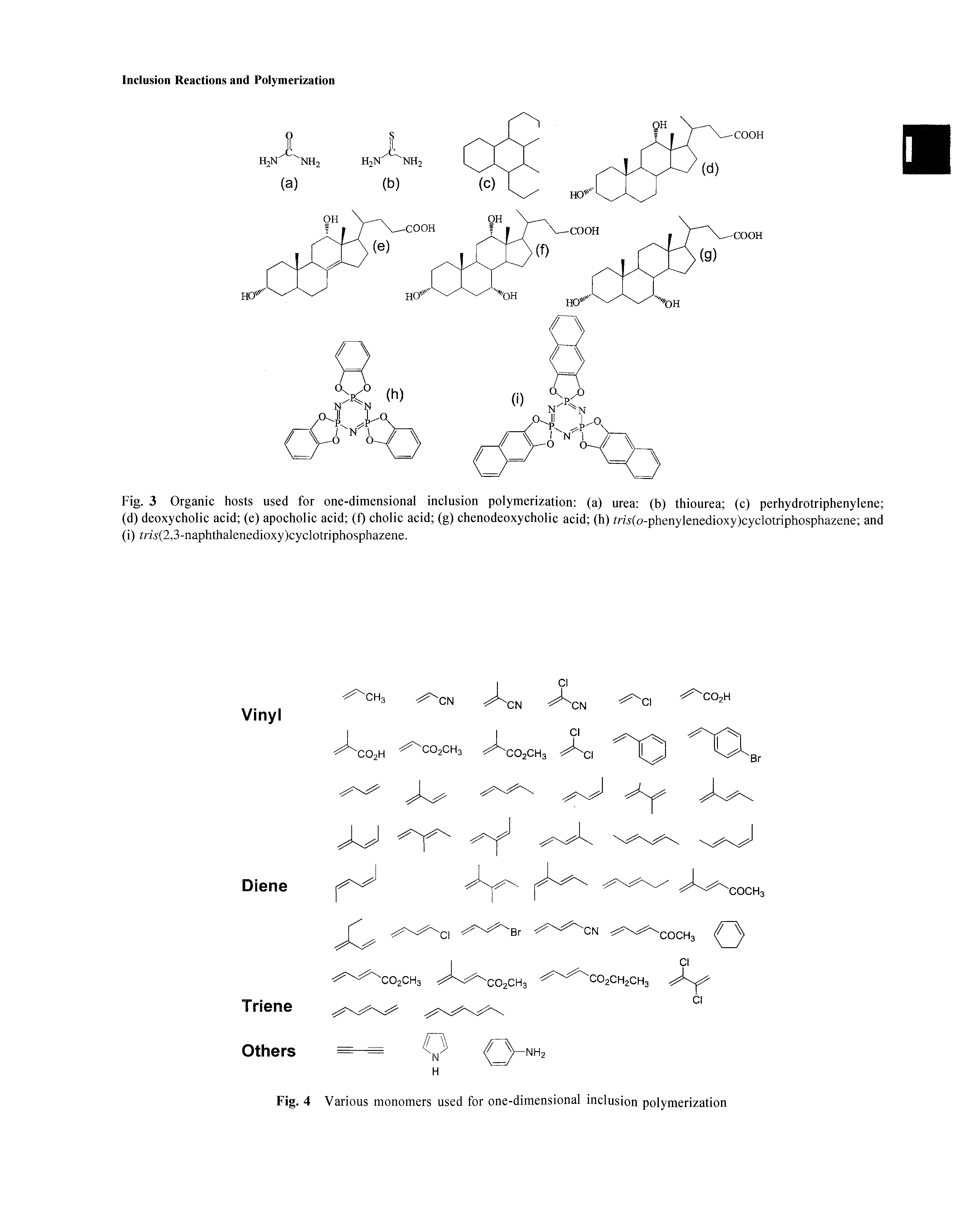 Fig. 3 Organic hosts used for one-dimensional inclusion polymerization (a) urea (b) thiourea (c) perhydrotriphenylene (d) deoxycholic acid (e) apocholic acid (f) cholic acid (g) chenodeoxycholic acid (h) m5 (6>-phenylenedioxy)cyclotriphosphazene and (i) n5(2,3-naphthalenedioxy)cyclotriphosphazene.