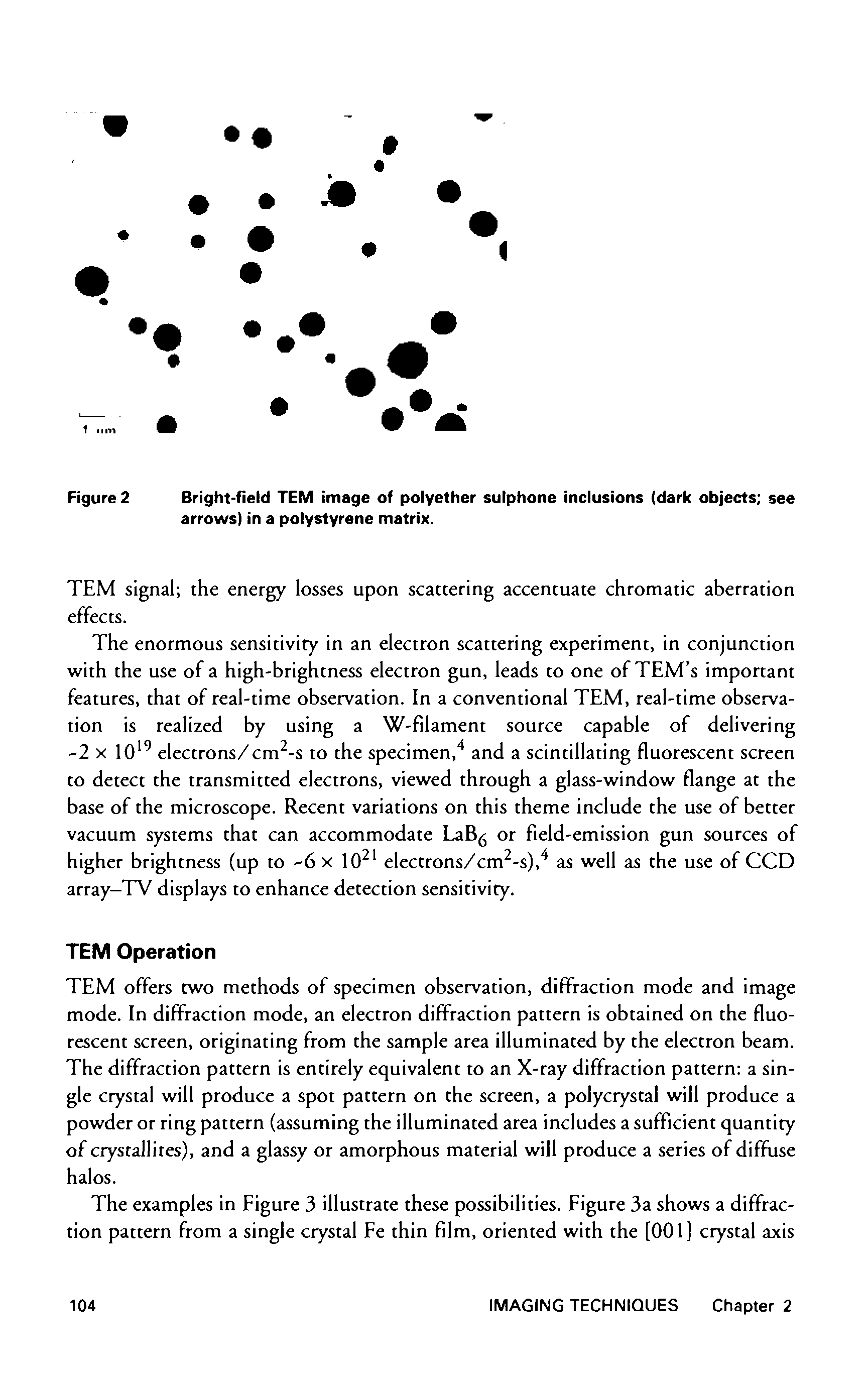 Figure 2 Bright-field TEM image of polyether sulphone inclusions (dark objects see arrows) in a polystyrene matrix.