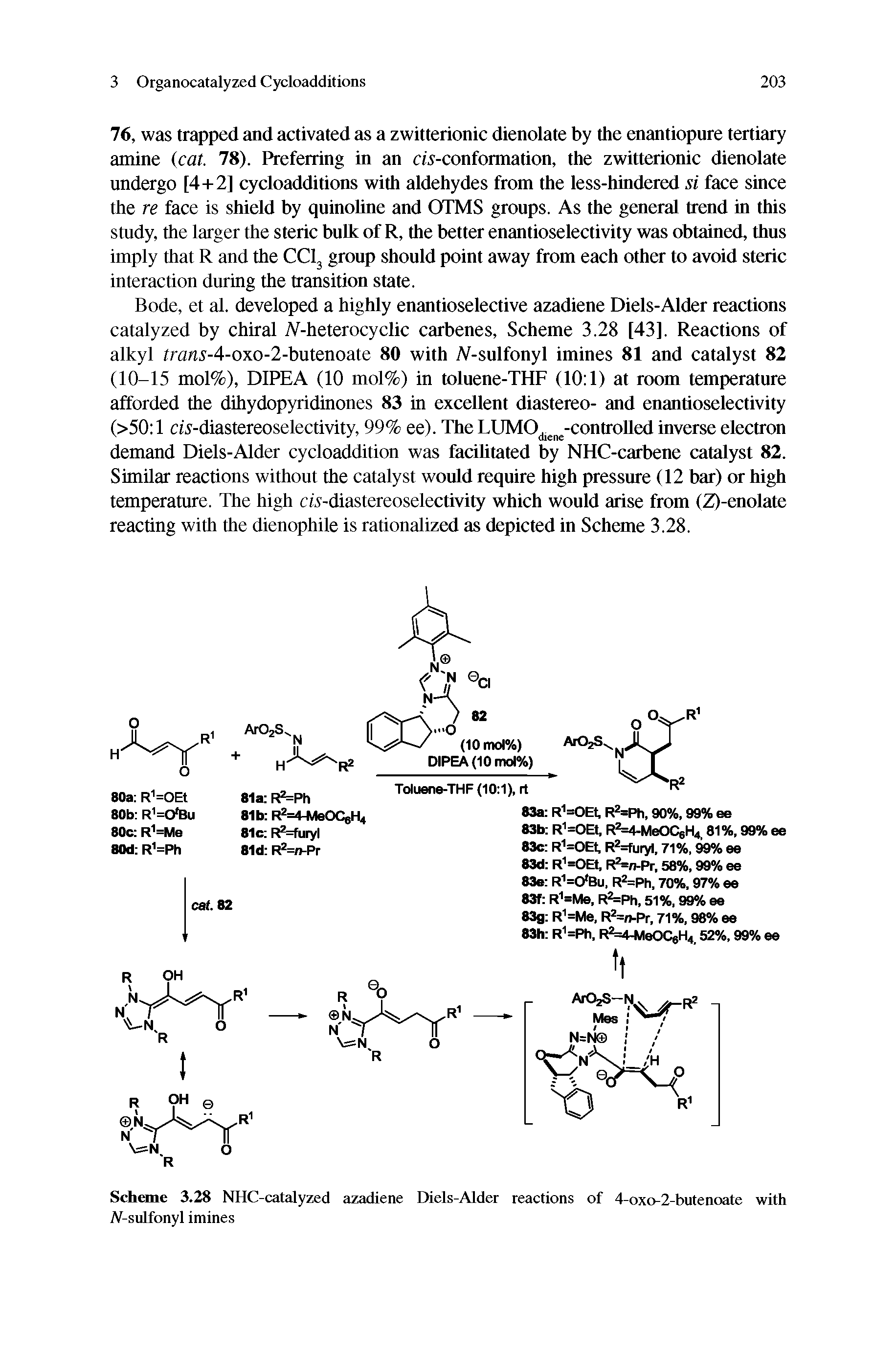 Scheme 3.28 NHC-catalyzed azadiene Diels-Alder reactions of 4-oxo-2-butenoate with tV-sulfonyl imines...