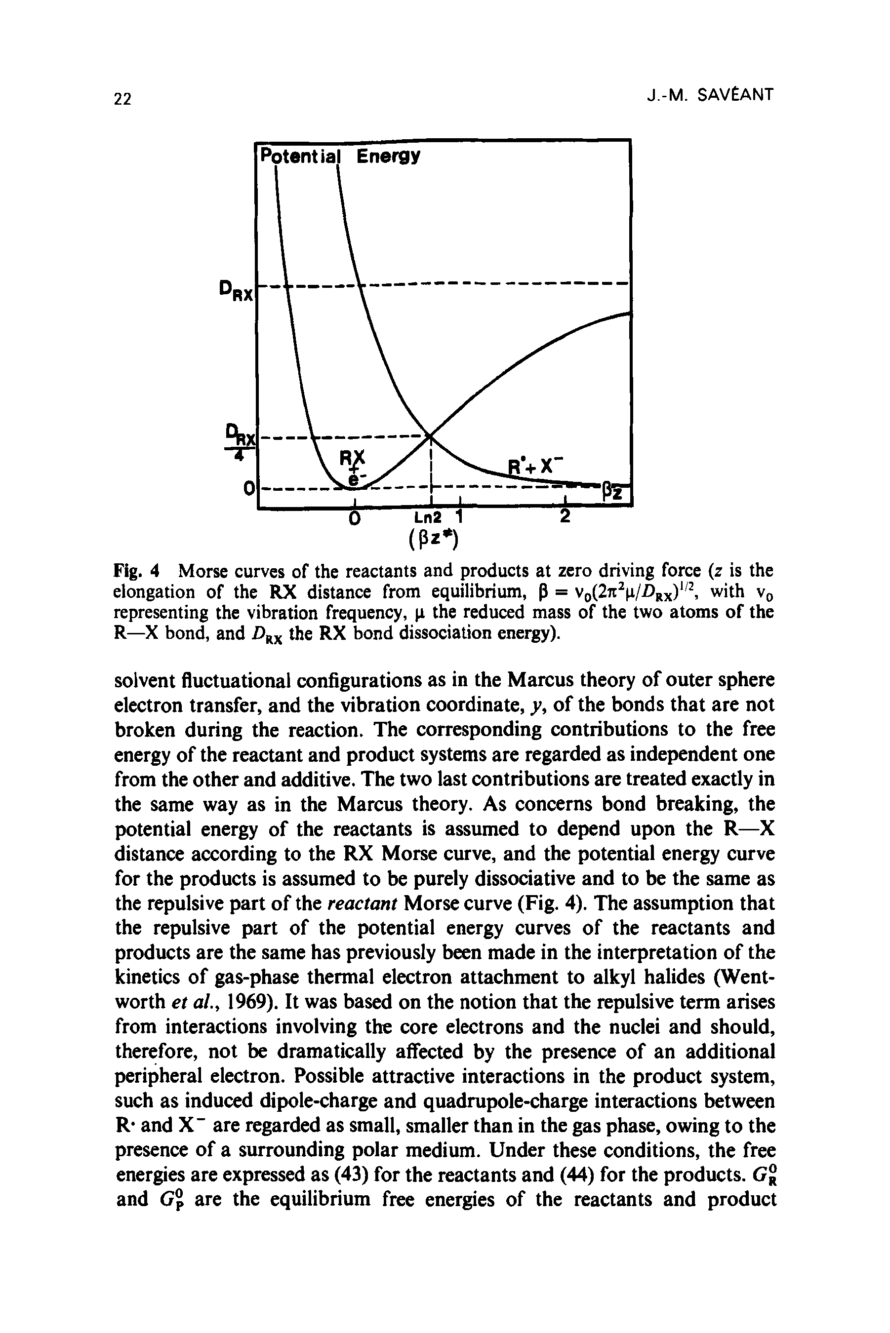 Fig. 4 Morse curves of the reactants and products at zero driving force (z is the elongation of the RX distance from equilibrium, P = V(,(2Jt p/ )Rx) with Vq representing the vibration frequency, p the reduced mass of the two atoms of the R—X bond, and the RX bond dissociation energy).