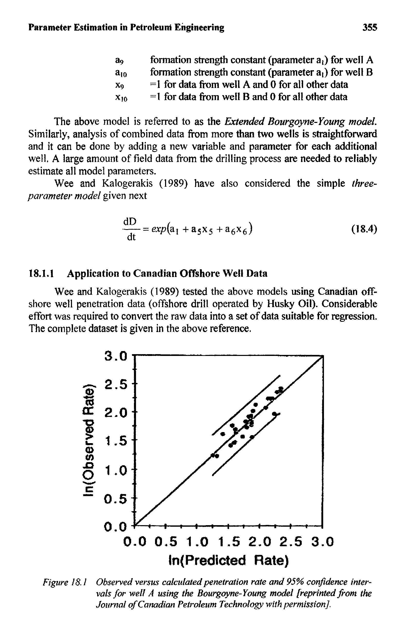 Figure 18.1 Observed versus calculated penetration rate and 95% confidence intervals for well A using the Bourgoyne-Young model [reprinted from the Journal of Canadian Petroleum Technology with permission].