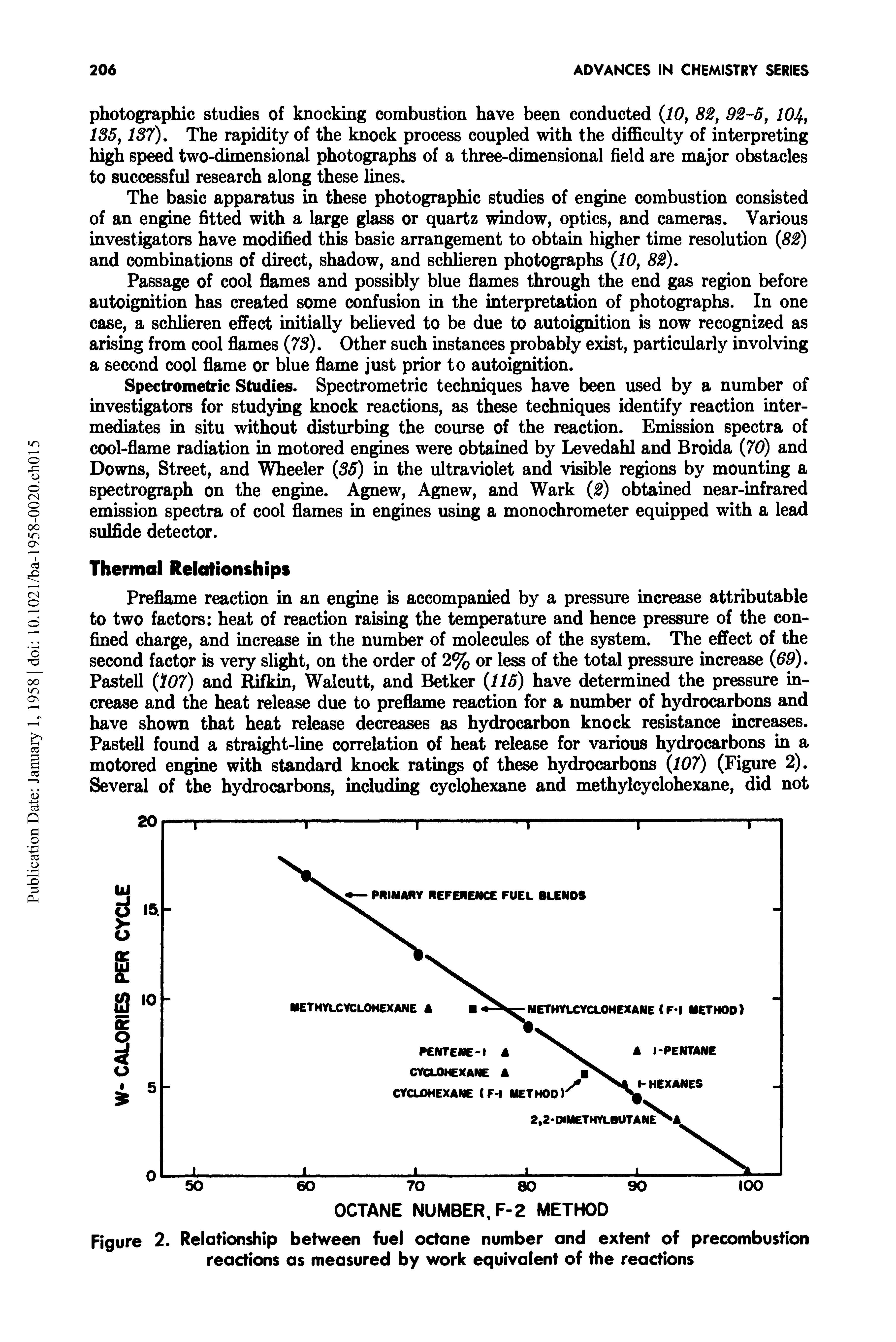 Figure 2. Relationship between fuel octane number and extent of precombustion reactions as measured by work equivalent of the reactions...