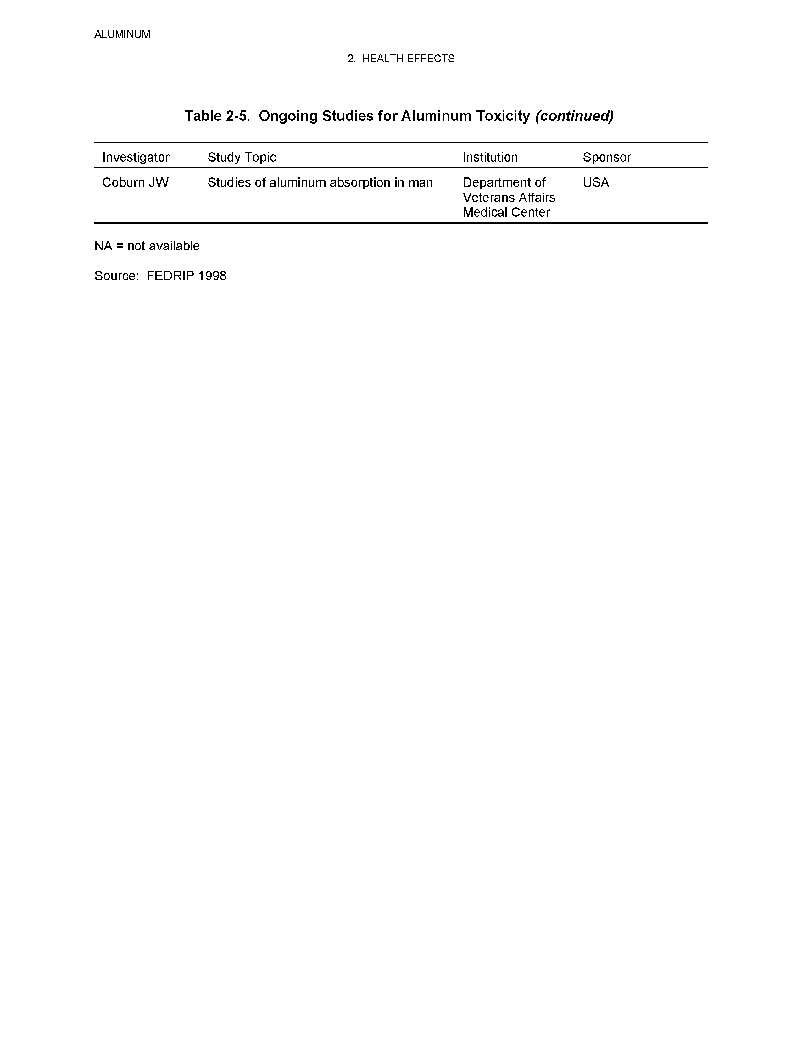 Table 2-5. Ongoing Studies for Aluminum Toxicity (continued)...