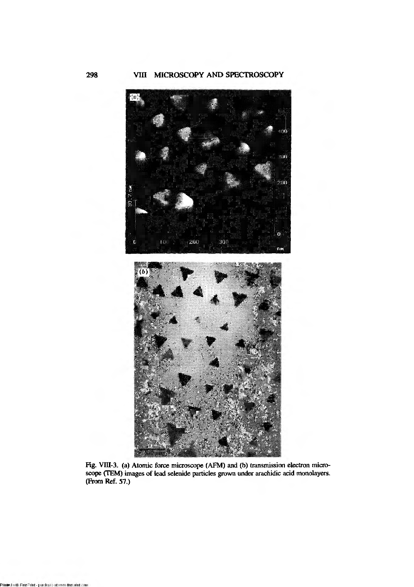 Fig. Vni-3. (a) Atomic force microscope (AFM) and (b) transmission electron microscope (TEM) images of lead selenide particles grown under arachidic acid monolayers. (Pi Ref. 57.)...