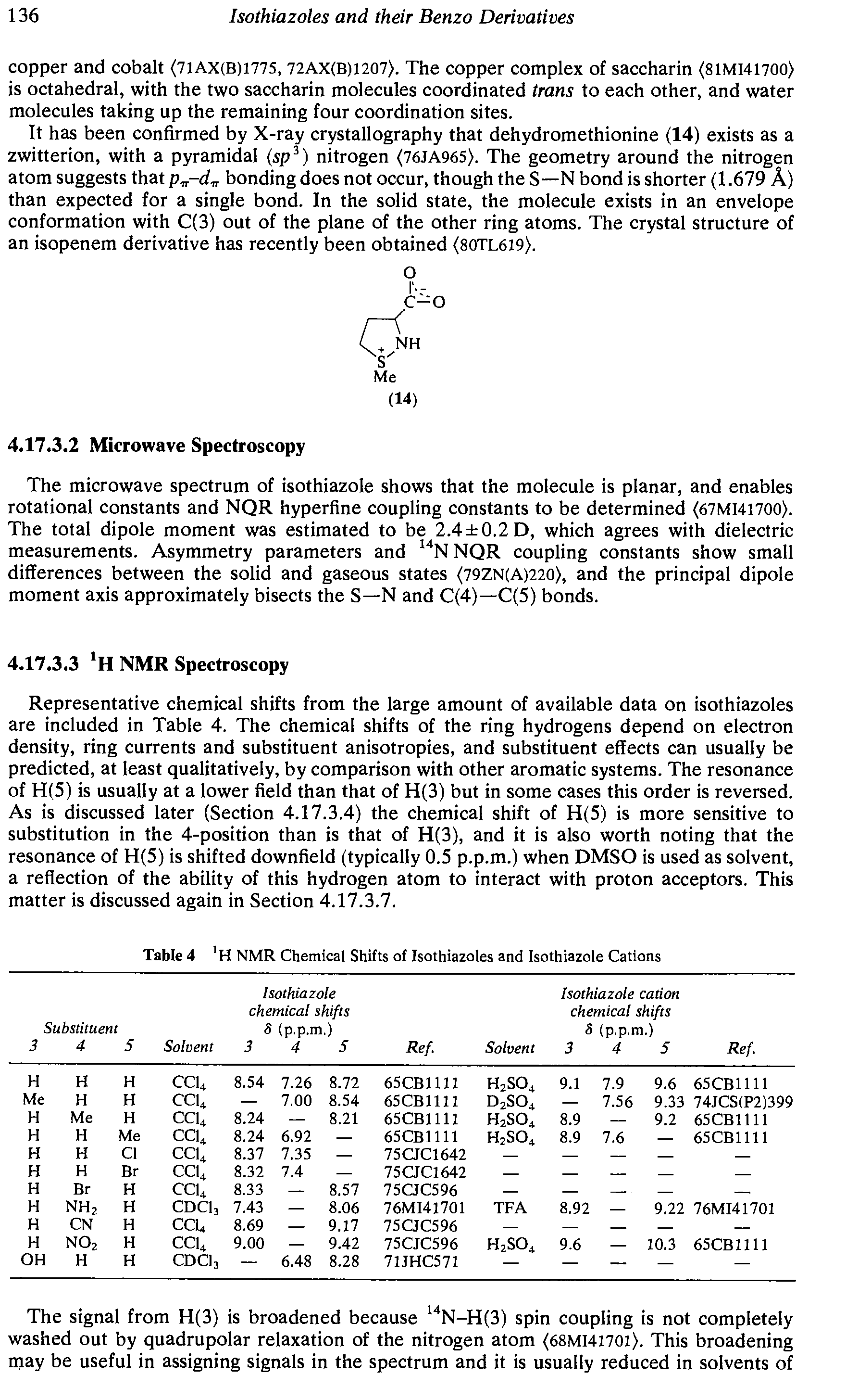 Table 4 H NMR Chemical Shifts of Isothiazoies and Isothiazole Cations...