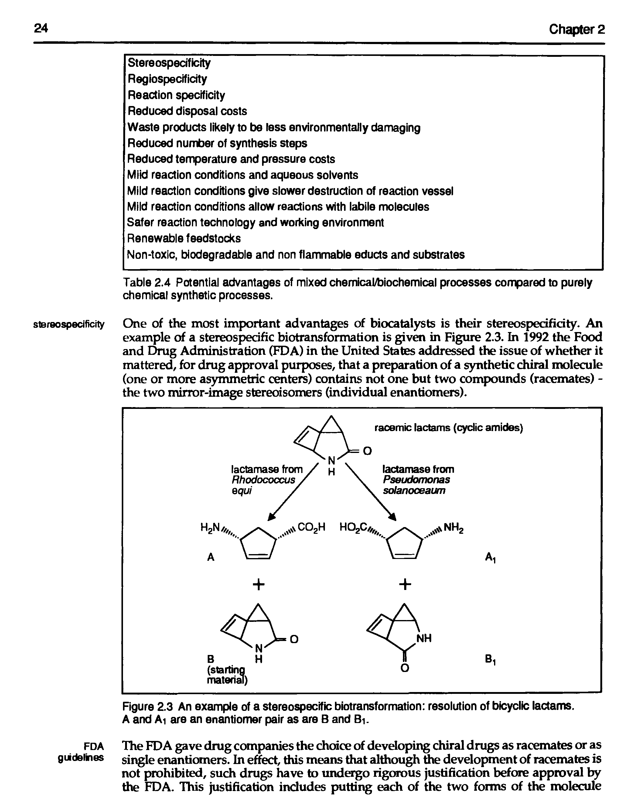 Figure 2.3 An example of a stereospecific biotransformation resolution of bicyclic lactams. A and Ai are an enantiomer pair as are B and Bi.