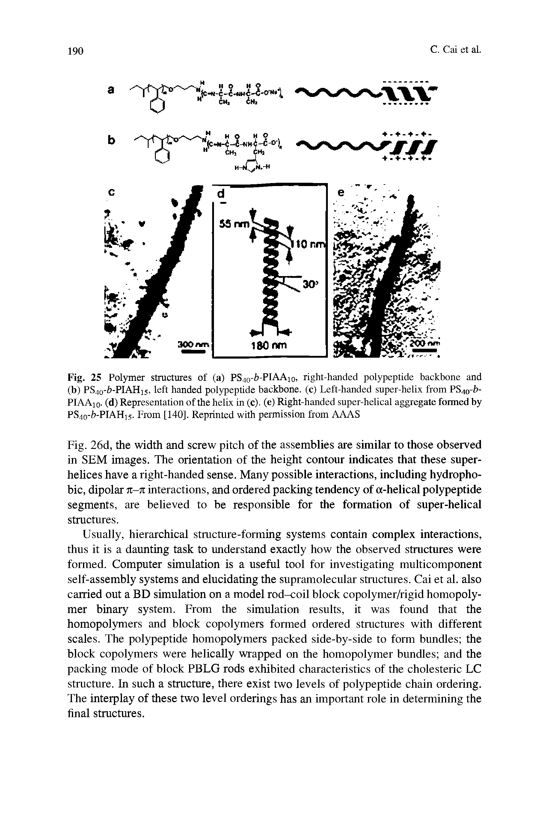 Fig. 25 Polymer structures of (a) PS4o-i -PIAAio, right-handed polypeptide backbone and (b) PS4o-b-PIAHi5, left handed polypeptide backbone, (c) Left-handed super-helix from PS4o-i>-PIAAio- (d) Representation of the helix in (c). (e) Right-handed super-helical aggregate formed by PS4o-b-PIAHi5. From [140]. Reprinted with permission from AAAS...