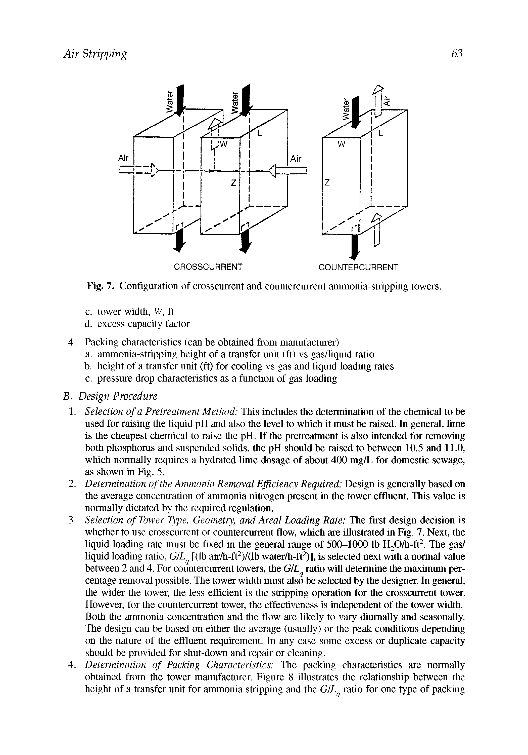 Fig. 7. Configuration of crosscurrent and countercurrent ammonia-stripping towers.