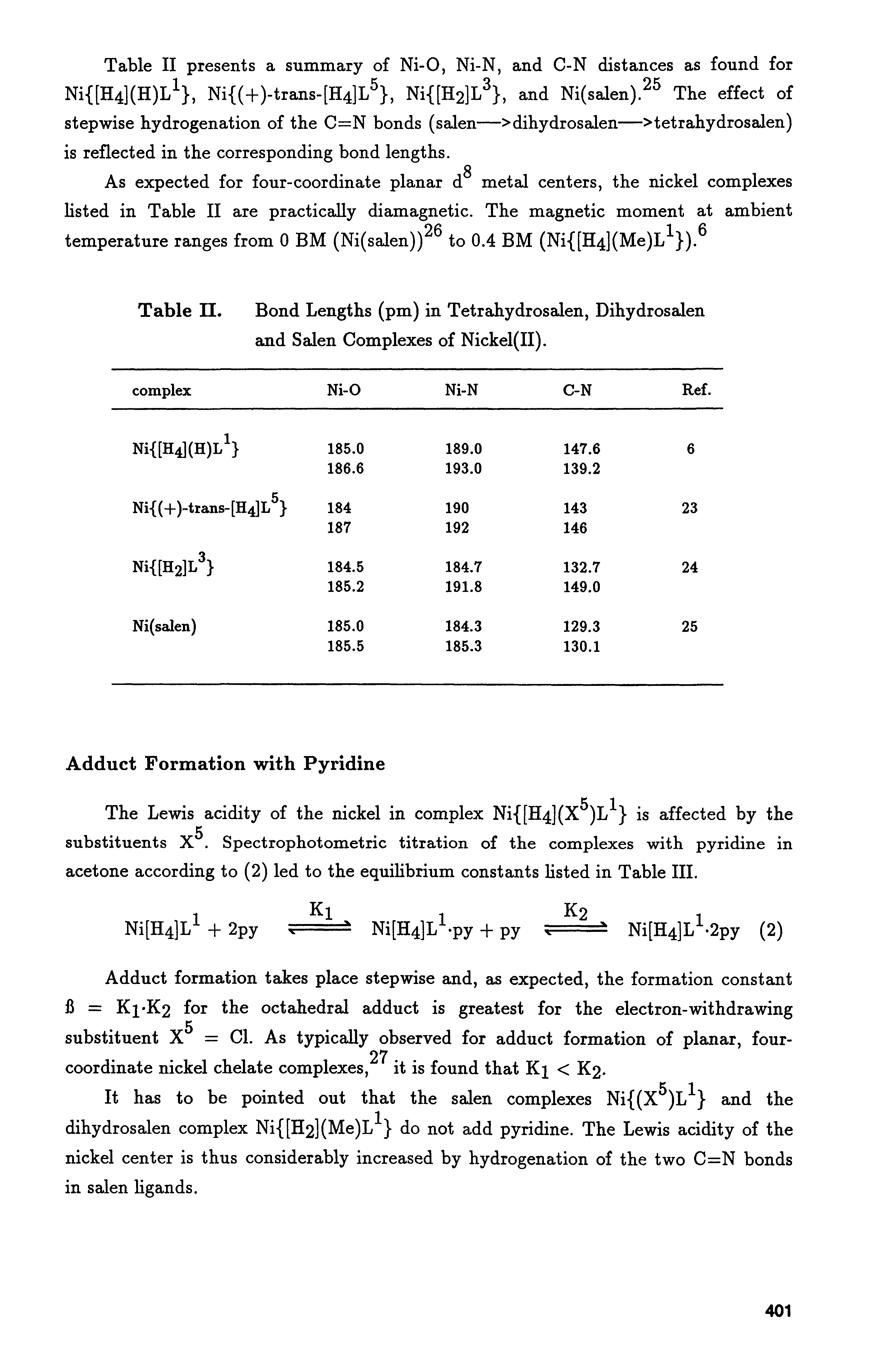 Table II. Bond Lengths (pm) in Tetrahydrosalen, Dihydrosalen and Salen Complexes of Nickel(II).