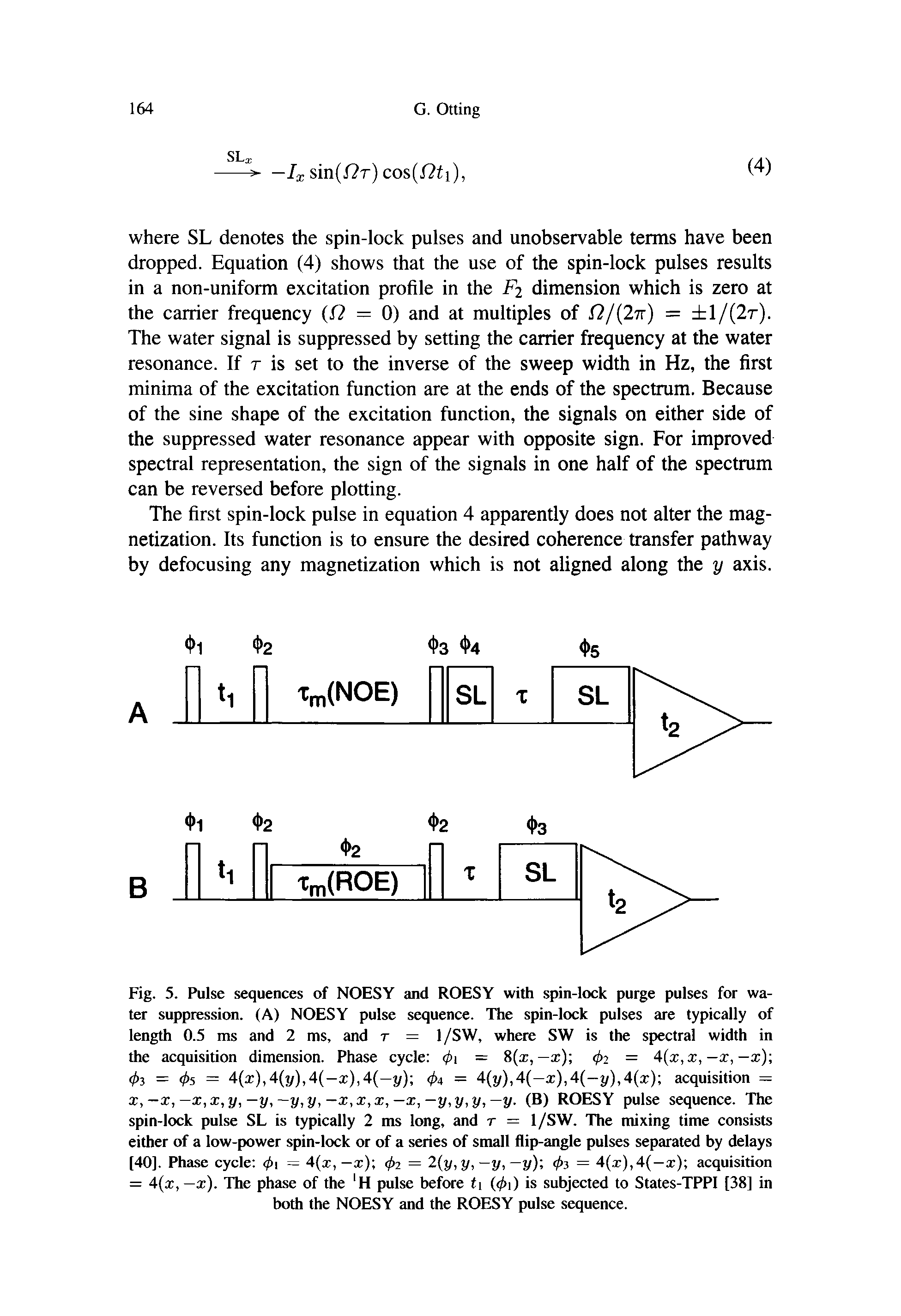 Fig. 5. Pulse sequences of NOESY and ROESY with spin-lock purge pulses for water suppression. (A) NOESY pulse sequence. The spin-lock pulses are typically of length 0.5 ms and 2 ms, and r = 1/SW, where SW is the spectral width in the acquisition dimension. Phase cycle (pi = x,—x) 4>2 = 4 x,x,—x,—x) ...