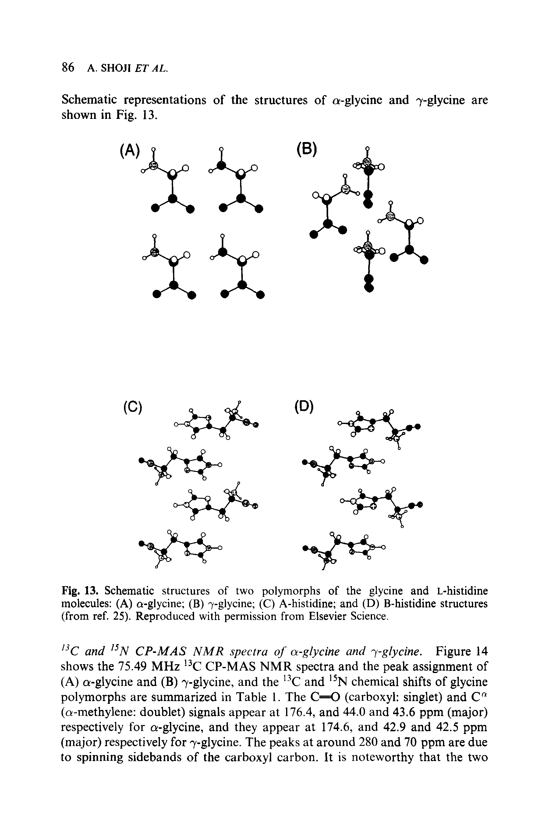 Fig. 13. Schematic structures of two polymorphs of the glycine and L-histidine molecules (A) o-glycine (B) - -glycine (C) A-histidine and (D) B-histidine structures (from ref. 25). Reproduced with permission from Elsevier Science.