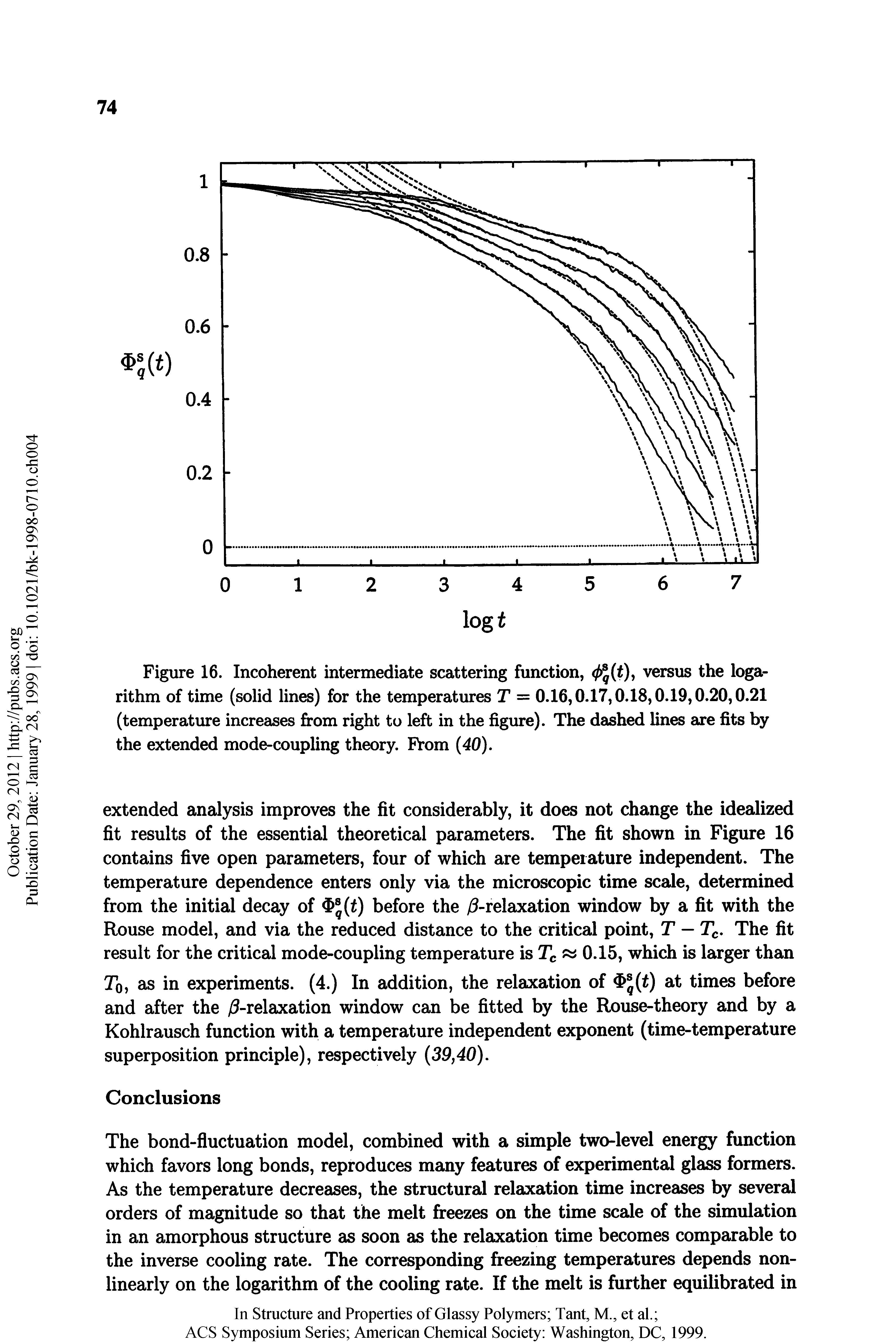 Figure 16. Incoherent intermediate scattering function, (t), versus the logarithm of time (solid lines) for the temperatures T = 0.16,0.17,0.18,0.19,0.20,0.21 (temperature increases om right to left in the figure). The dashed lines are fits by the extended mode-coupling theory. Prom 40).