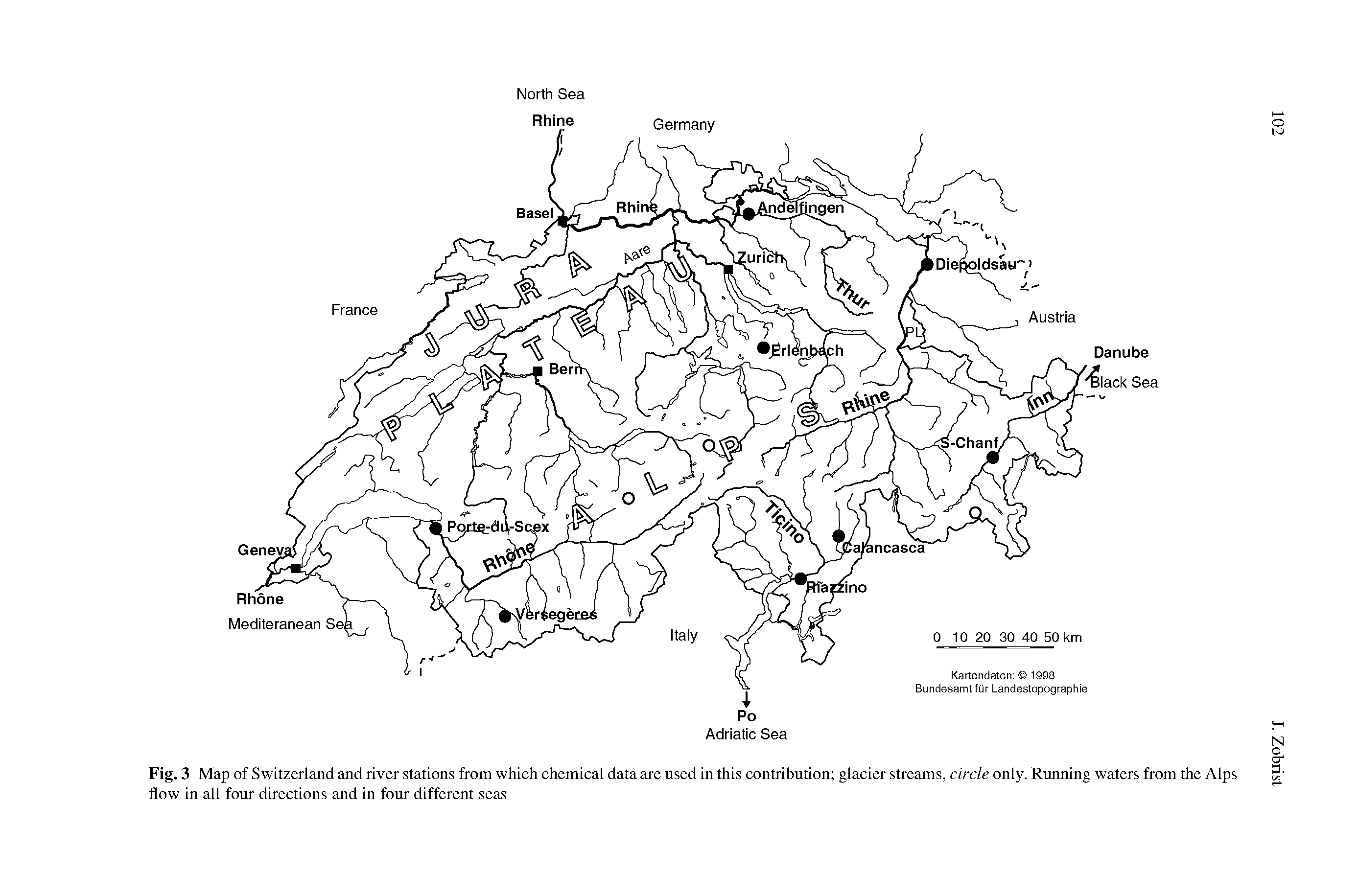 Fig. 3 Map of Switzerland and river stations from which chemical data are used in this contribution glacier streams, circle only. Running waters from the Alps flow in all four directions and in four different seas...