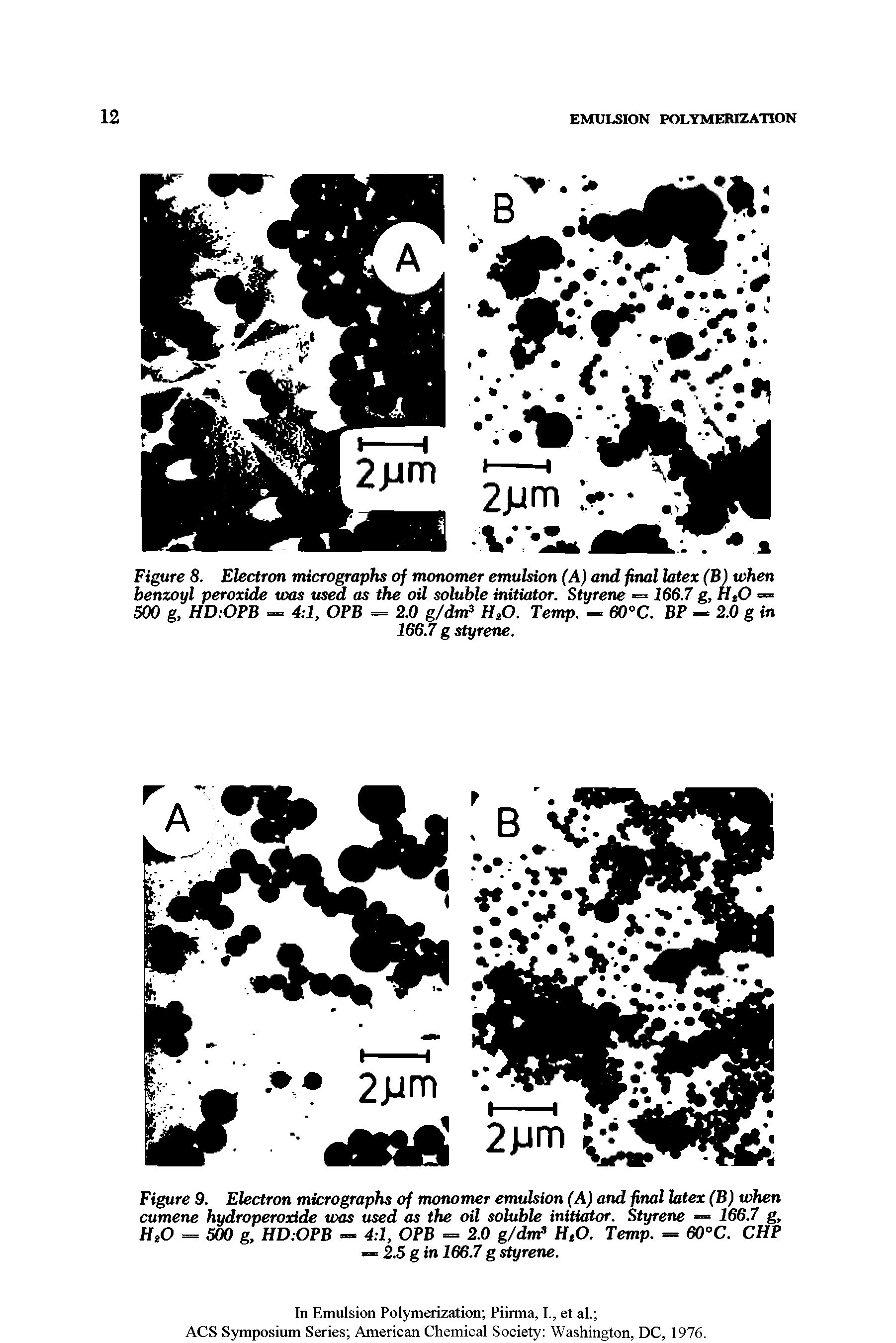 Figure 8. Electron micrographs of monomer emulsion (A) and final latex (B) when benzoyl peroxide was used as the oil soluble initiator. Styrene = 166.7 g, HtO — 500 g, HD-.OVB == 4 1, OPB = 2.0 g/drrd H O. Temp. = 60°C. BP =- 2.0 g in...