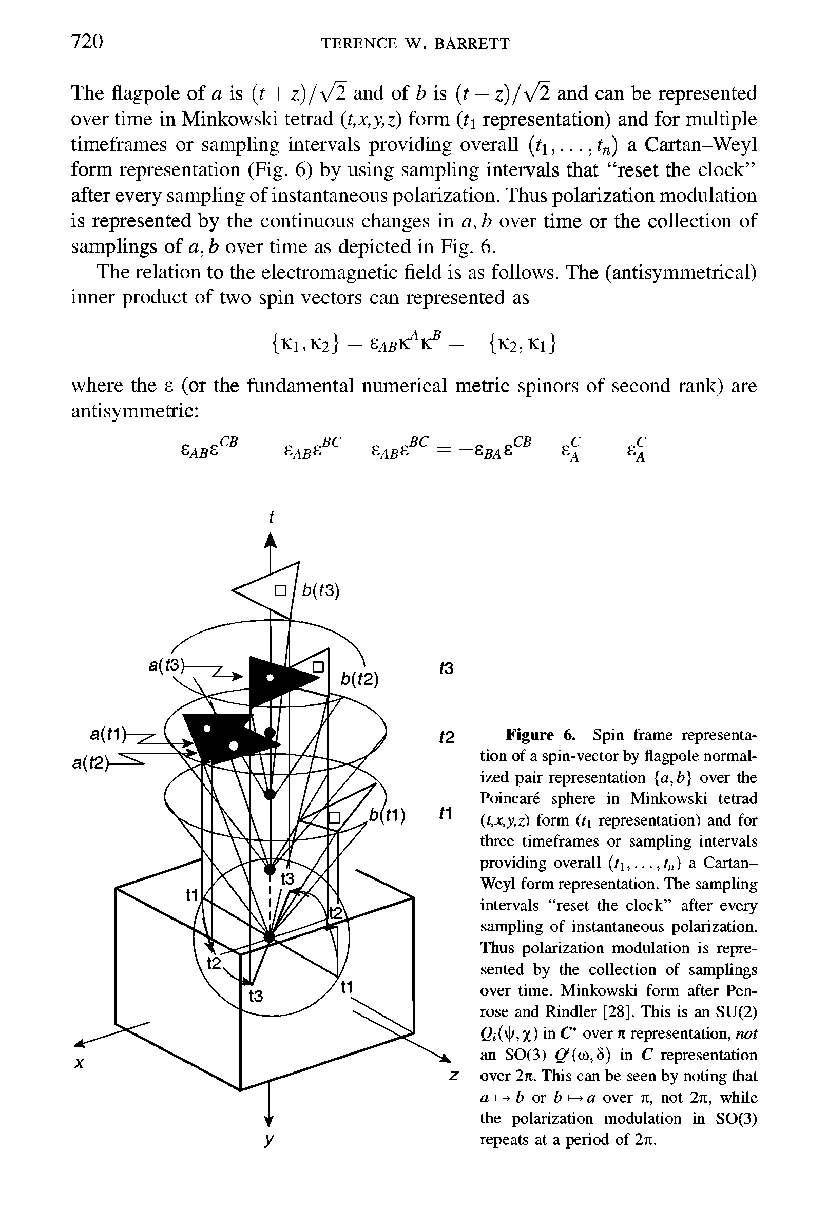 Figure 6. Spin frame representation of a spin-vector by flagpole normalized pair representation a,b over the Poincare sphere in Minkowski tetrad (l,x,y,z) form (n representation) and for three timeframes or sampling intervals providing overall (t]. r ) a Cartan-Weyl form representation. The sampling intervals reset the clock after every sampling of instantaneous polarization. Thus polarization modulation is represented by the collection of samplings over time. Minkowski form after Penrose and Rindler [28]. This is an SU(2) Gd hx) m C over it representation, not an SO(3) Q(to, 8) in C representation over 2it. This can be seen by noting that an b or bt-z a over it, not 2n, while the polarization modulation in SO(3) repeats at a period of 2it.