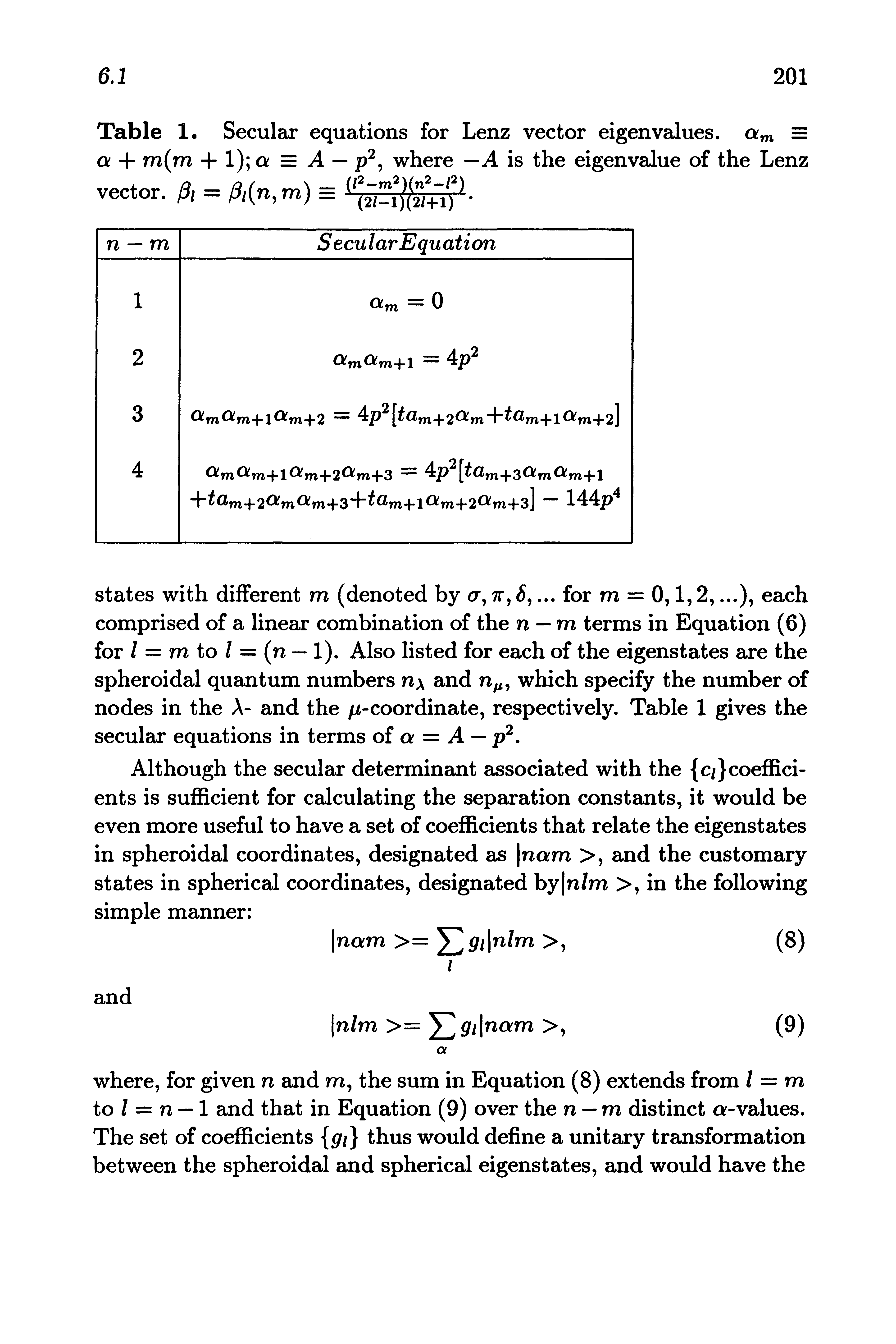Table 1. Secular equations for Lenz vector eigenvalues, =...