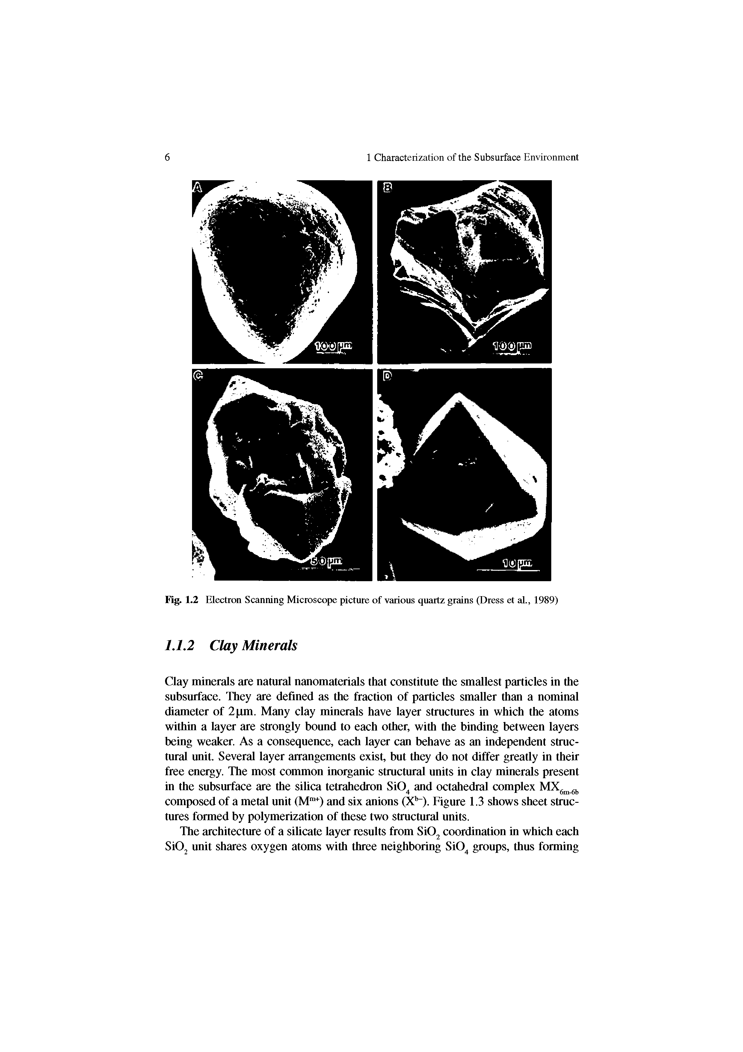 Fig. 1.2 Electron Scanning Microscope picture of various quartz grains (Dress et al., 1989)...