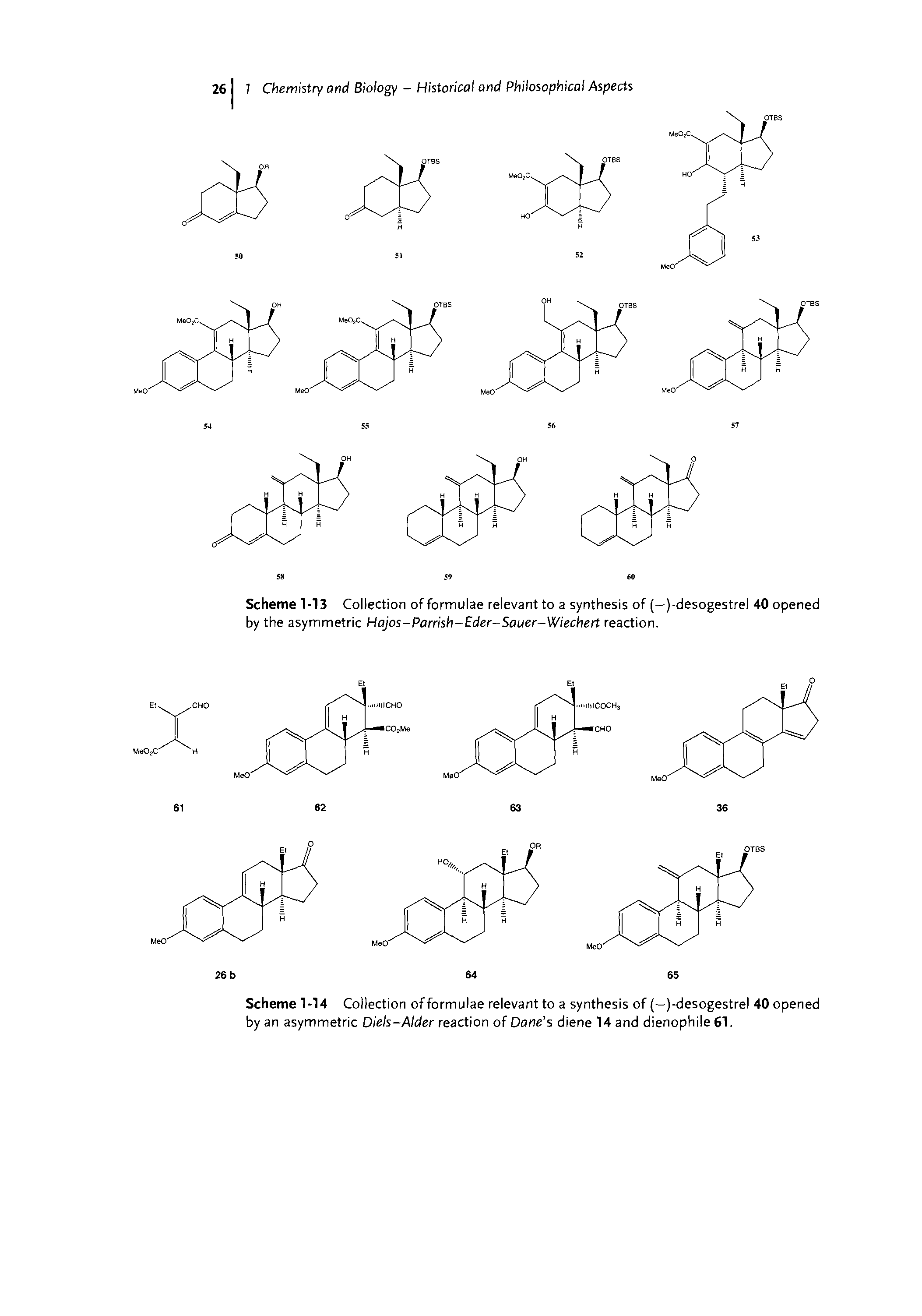 Scheme 1-14 Collection of formulae relevant to a synthesis of (—)-desogestrel 40 opened by an asymmetric Diels-Alder reaction of Dane s diene 14 and dienophile 61.