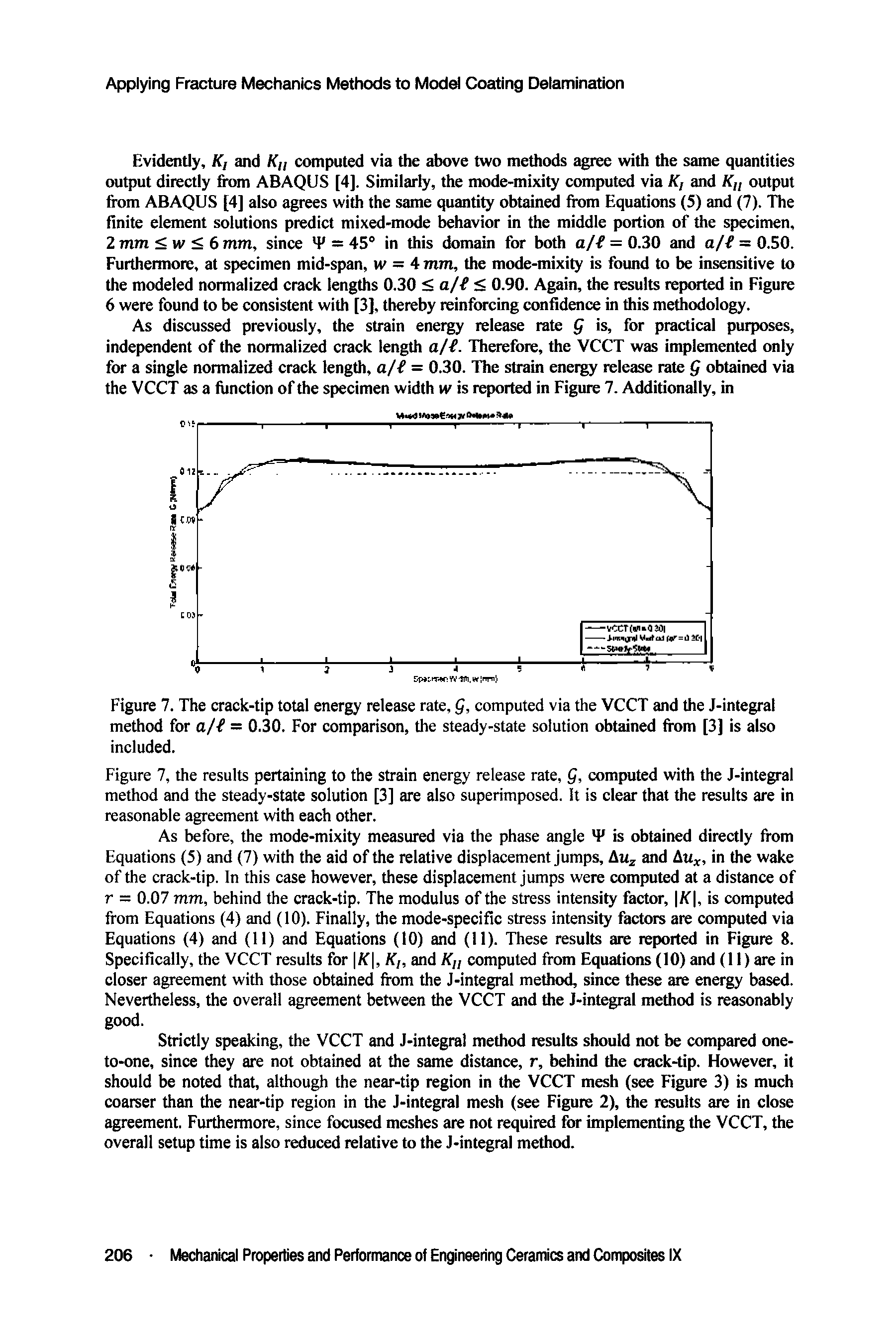 Figure 7. The crack-tip total energy release rate, g, computed via the VCCT and the J-integral method for a/f = 0.30. For comparison, the steady-state solution obtained from [3] is also included.