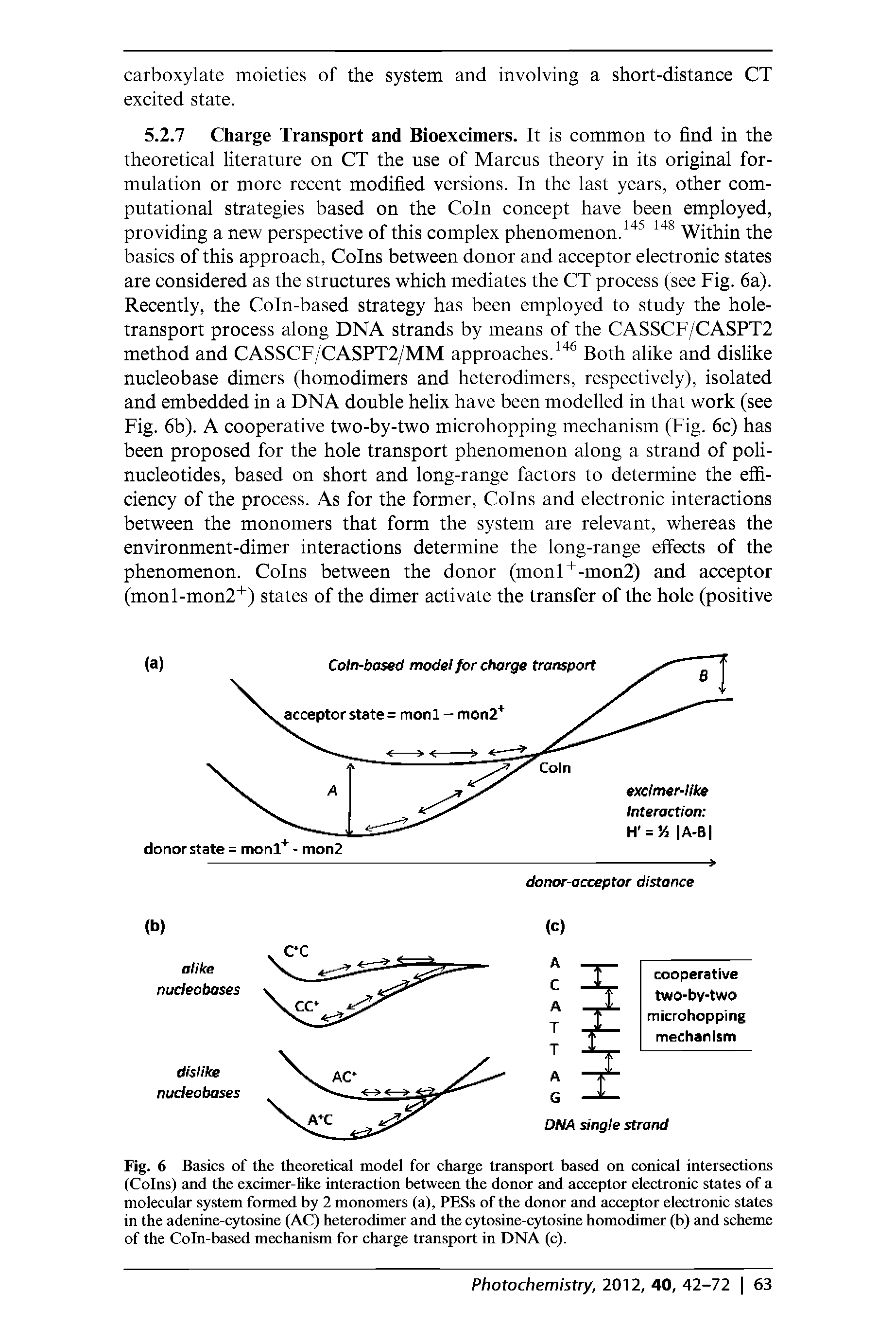 Fig. 6 Basics of the theoretical model for charge transport based on conical intersections (Coins) and the excimer-Hke interaction between the donor and acceptor electronic states of a molecular system formed by 2 monomers (a), PESs of the donor and acceptor electronic states in the adenine-cytosine (AC) heterodimer and the cytosine-cytosine homodimer (b) and scheme of the Coin-based mechanism for charge transport in DNA (c).