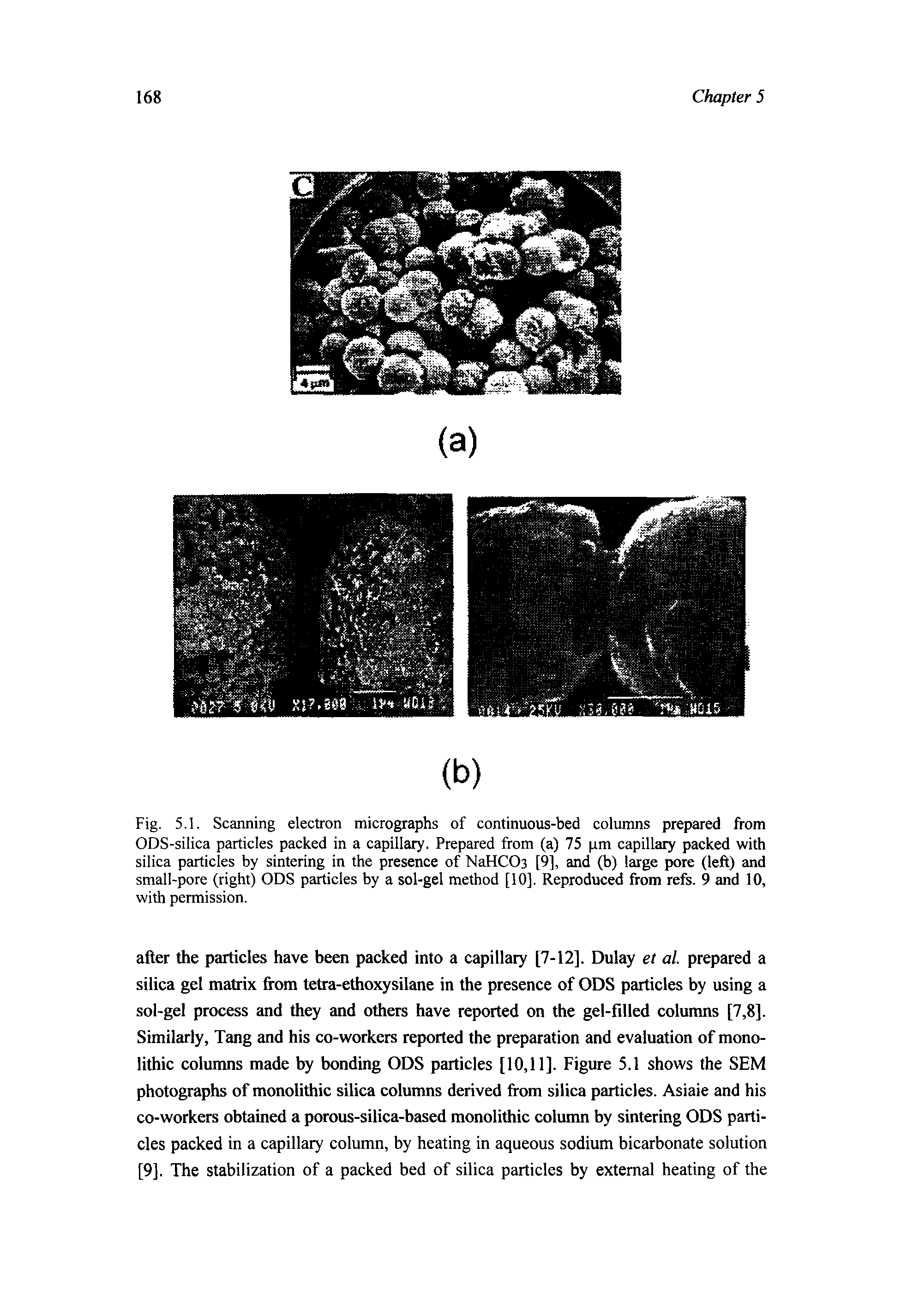 Fig. 5.1. Scanning electron micrographs of continuous-bed columns prepared from ODS-silica particles packed in a capillary. Prepared from (a) 75 pm capillary packed with silica particles by sintering in the presence of NaHC03 [9], and (b) large pore (left) and small-pore (right) ODS particles by a sol-gel method [10]. Reproduced from refs. 9 and 10, with permission.