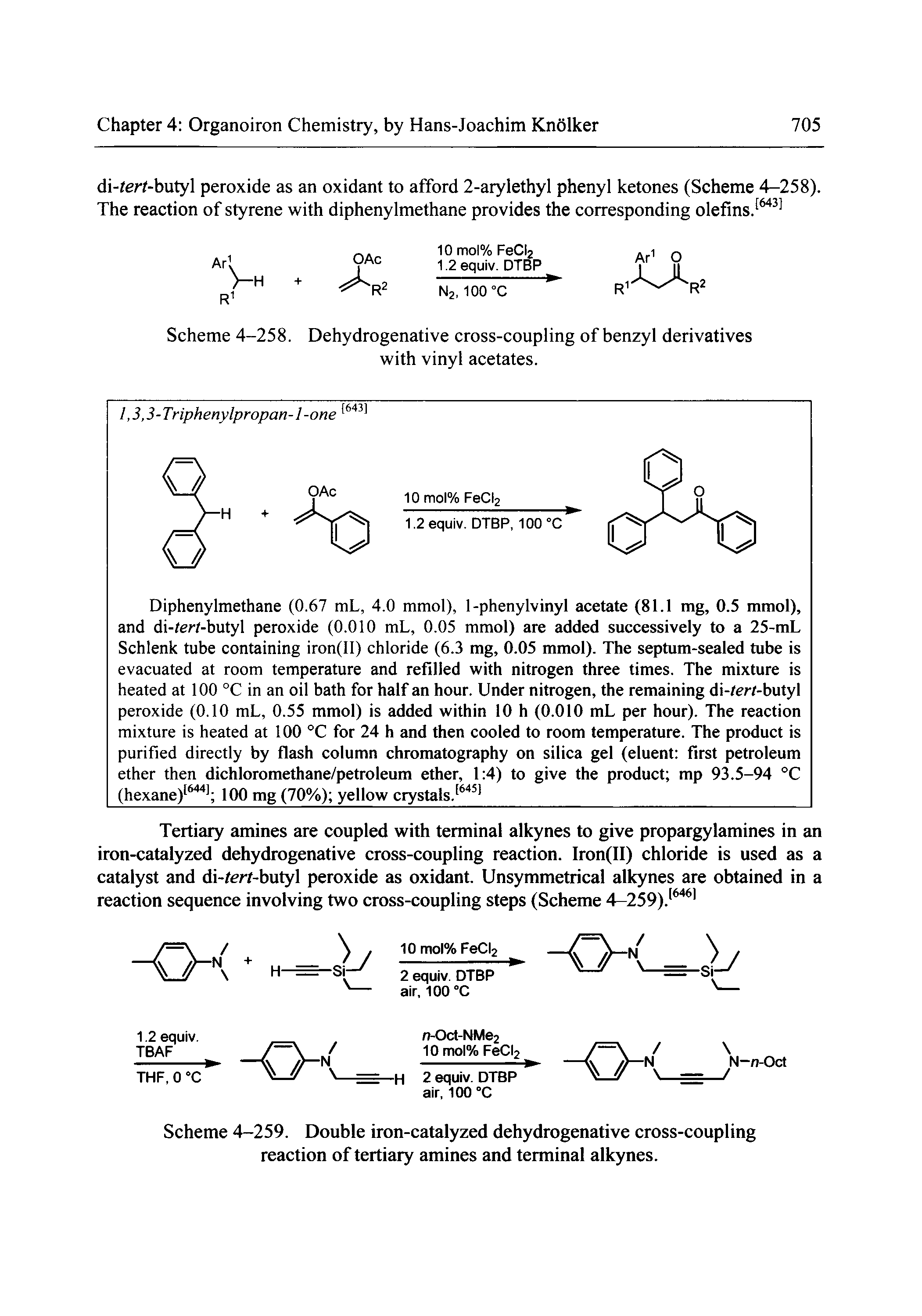 Scheme 4-259. Double iron-catalyzed dehydrogenative cross-coupling reaction of tertiary amines and terminal alkynes.