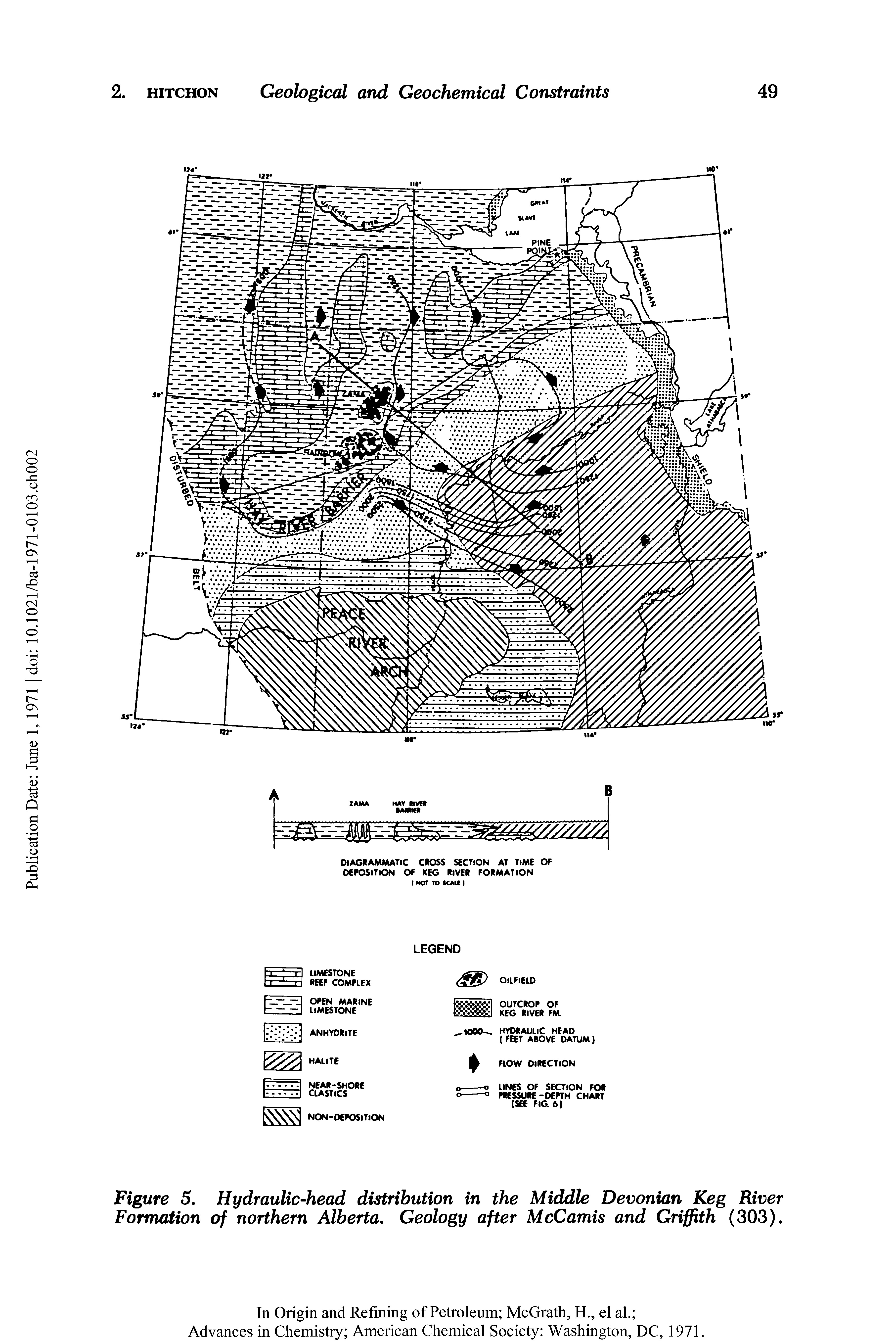 Figure 5. Hydraulic-head distribution in the Middle Devonian Keg River Formation of northern Alberta. Geology after McCamis and Griffith (303).