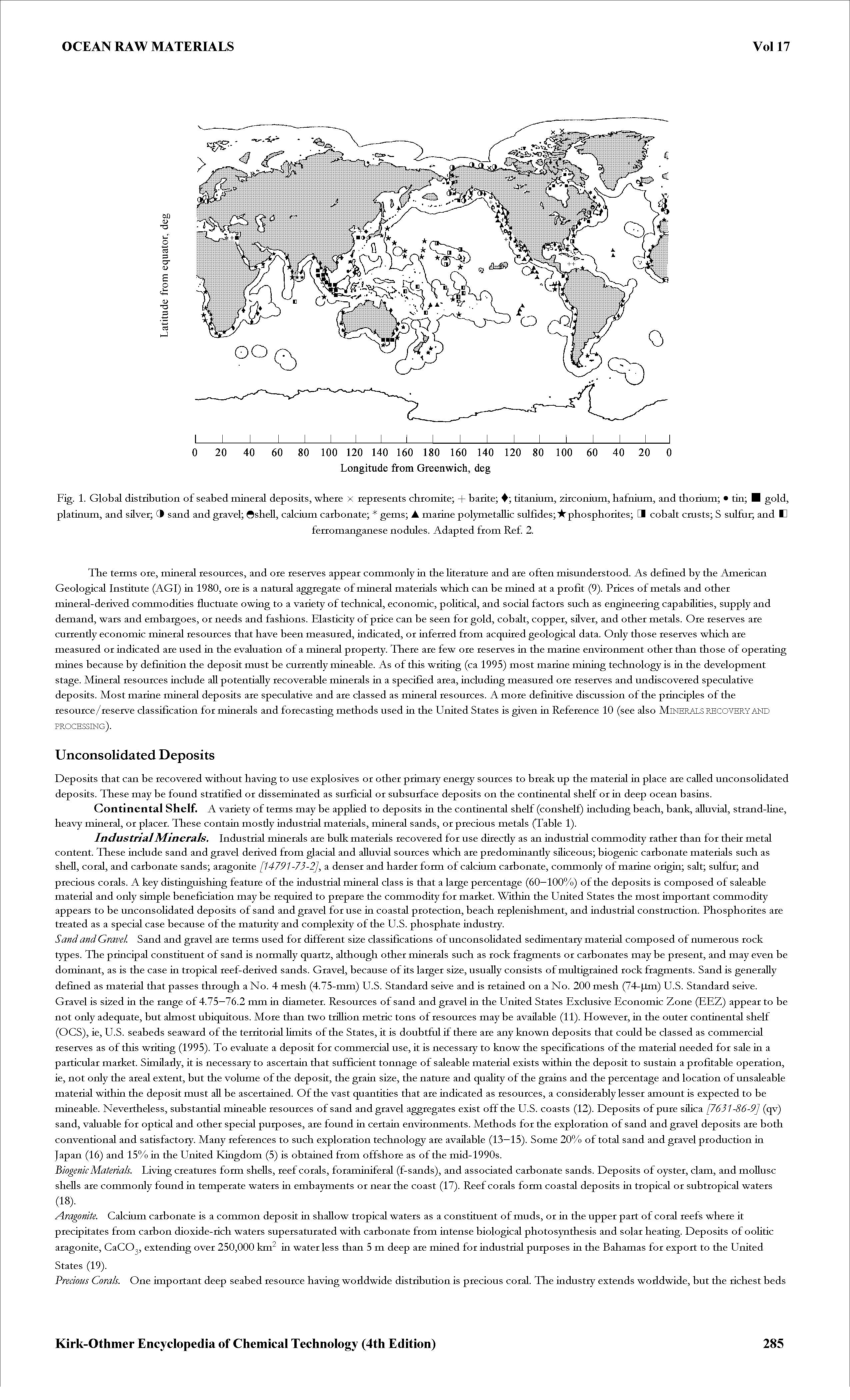 Fig. 1. Global distribution of seabed mineral deposits, where x represents chromite + barite titanium, zirconium, hafnium, and thorium tin I gold, platinum, and silver 3 sand and gravel shell, calcium carbonate gems marine polymetaUic sulfides phosphorites Cl cobalt cmsts S sulfur and B...