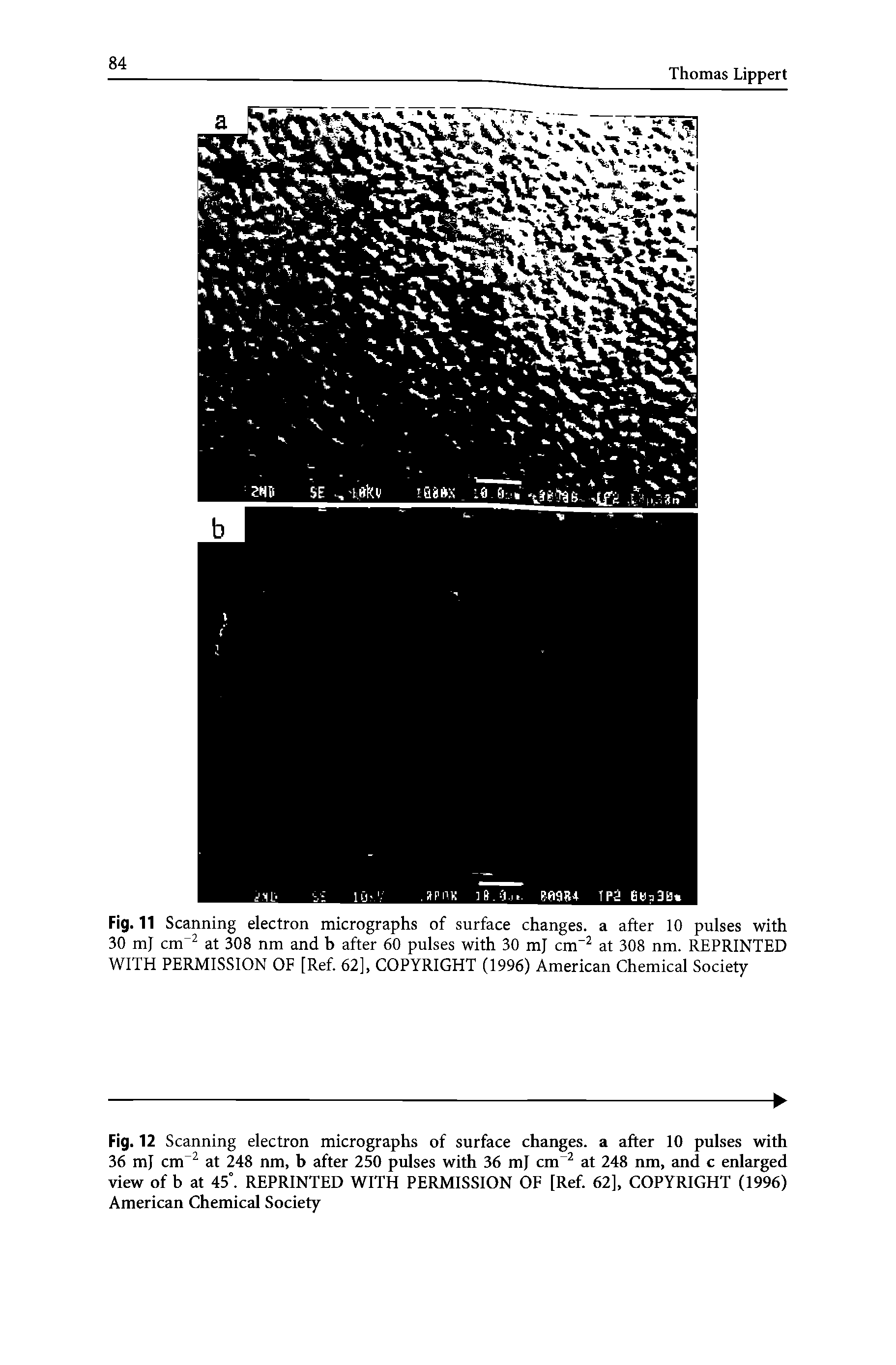 Fig. 11 Scanning electron micrographs of surface changes, a after 10 pulses with 30 mj cnT2 at 308 nm and b after 60 pulses with 30 mj cm-2 at 308 nm. REPRINTED WITH PERMISSION OF [Ref. 62], COPYRIGHT (1996) American Chemical Society...