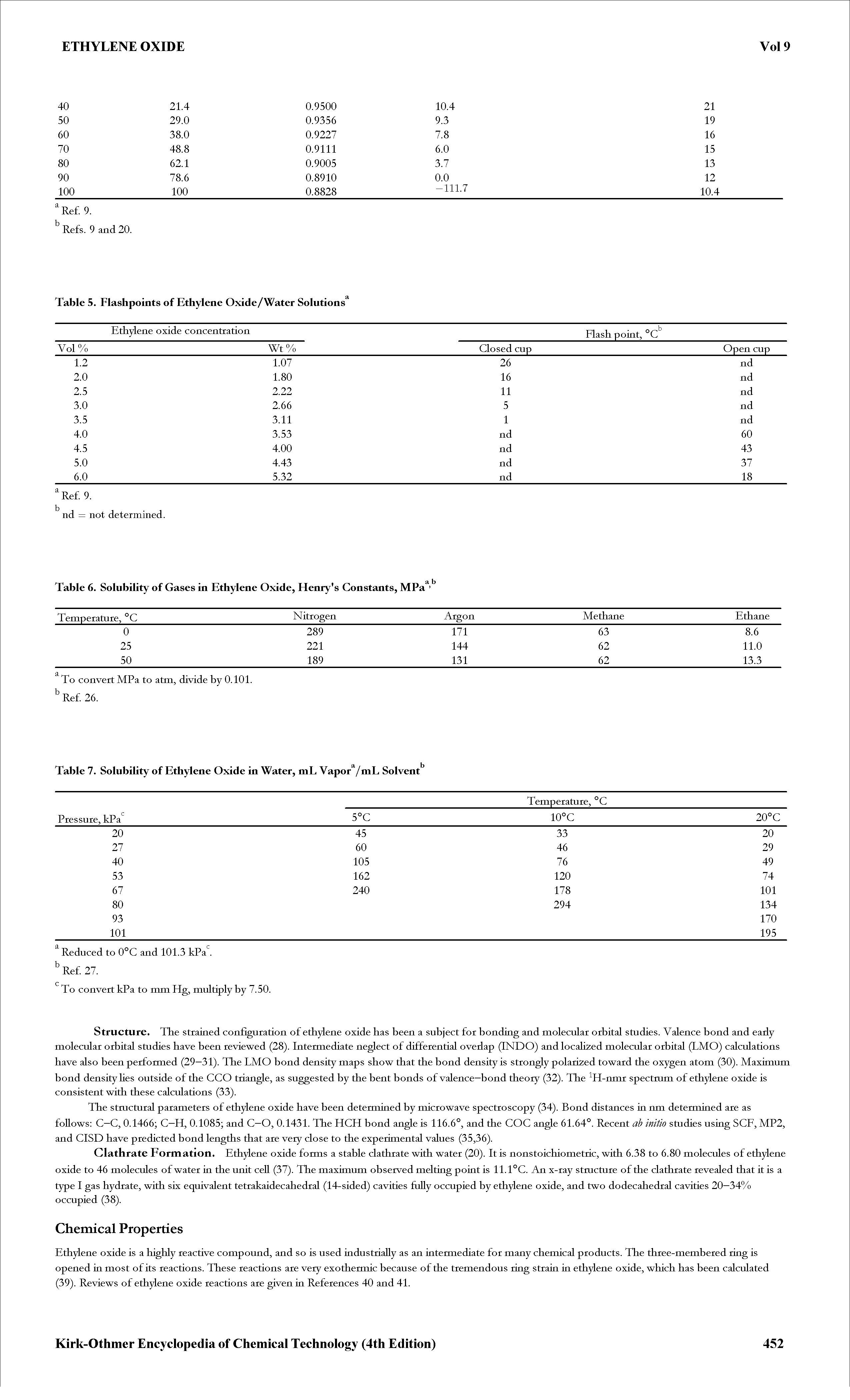 Table 6. Solubility of Gases in Ethylene Oxide, Henry s Constants, MPa b ...