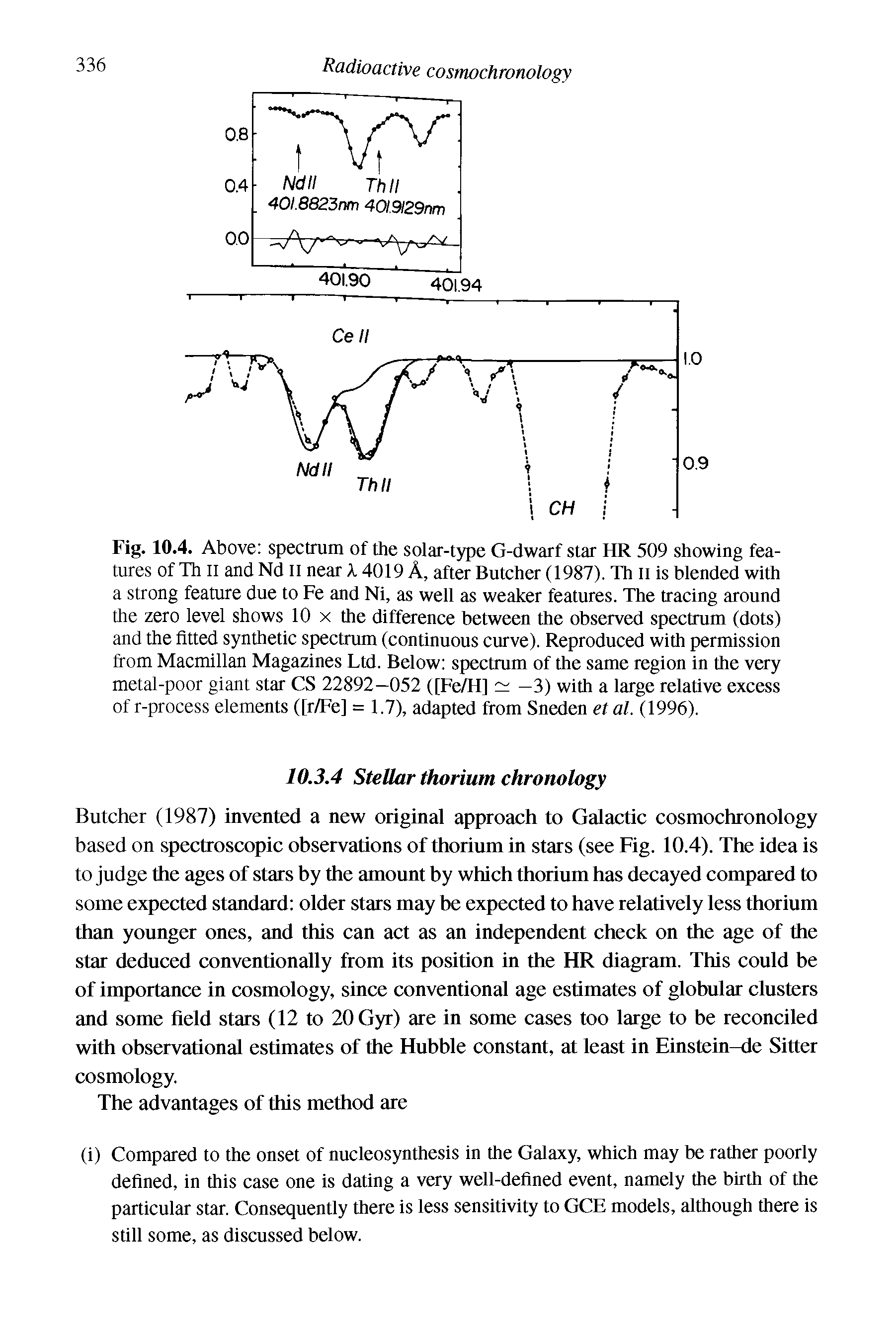 Fig. 10.4. Above spectrum of the solar-type G-dwarf star HR 509 showing features of Th ii and Nd n near k 4019 A, after Butcher (1987). Th ii is blended with a strong feature due to Fe and Ni, as well as weaker features. The tracing around the zero level shows 10 x the difference between the observed spectrum (dots) and the fitted synthetic spectrum (continuous curve). Reproduced with permission from Macmillan Magazines Ltd. Below spectrum of the same region in the very metal-poor giant star CS 22892—052 ([Fe/H] —3) with a large relative excess of r-process elements ([r/Fe] = 1.7), adapted from Sneden el al. (1996).