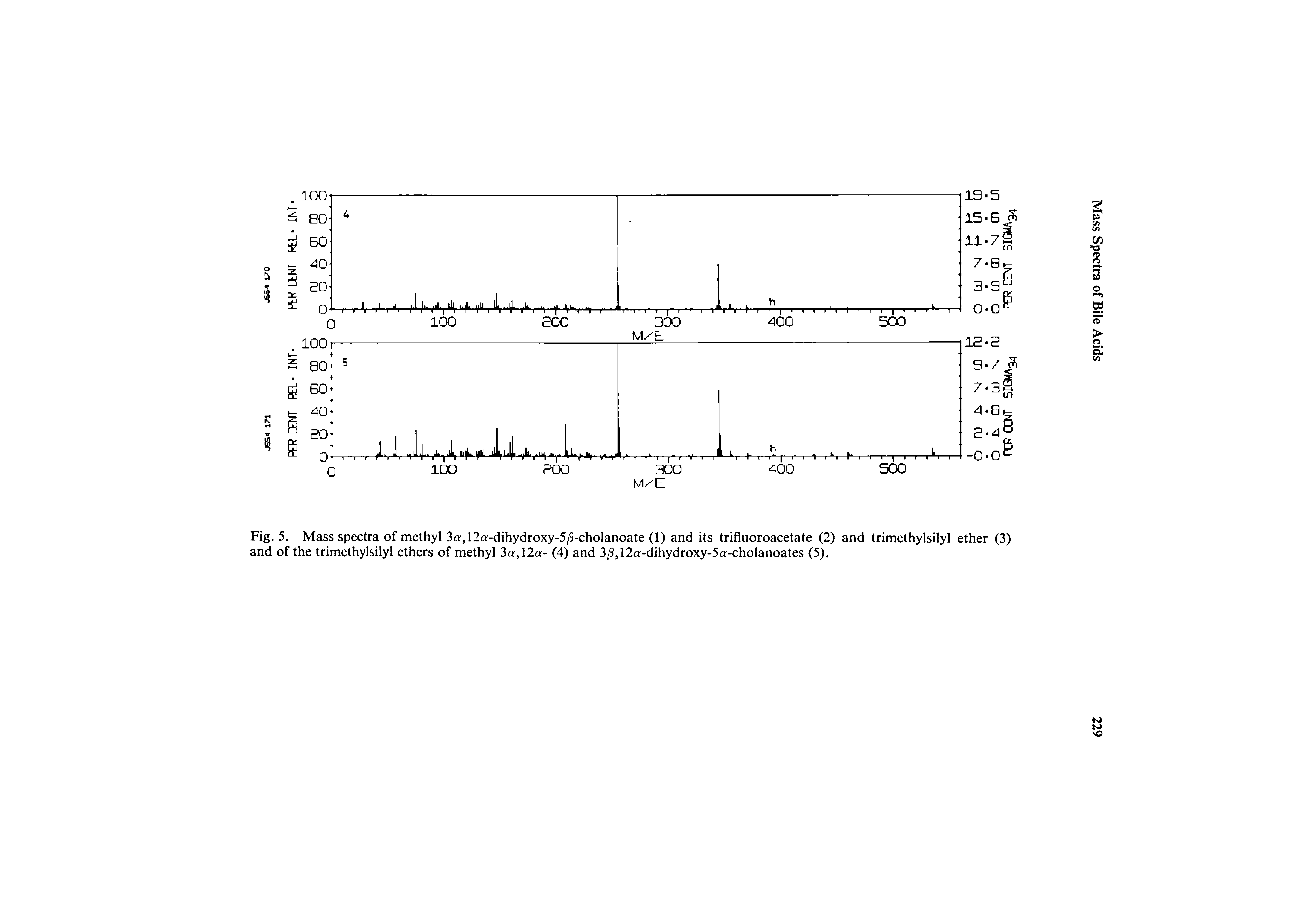 Fig. 5. Mass spectra of methyl 3a,12a-dihydroxy-5/3-cholanoate (1) and its trifluoroacetate (2) and trimethylsilyl ether (3) and of the trimethylsilyl ethers of methyl 3a,12a> (4) and 3, 12o >dihydroxy>5a -cholanoates (5).