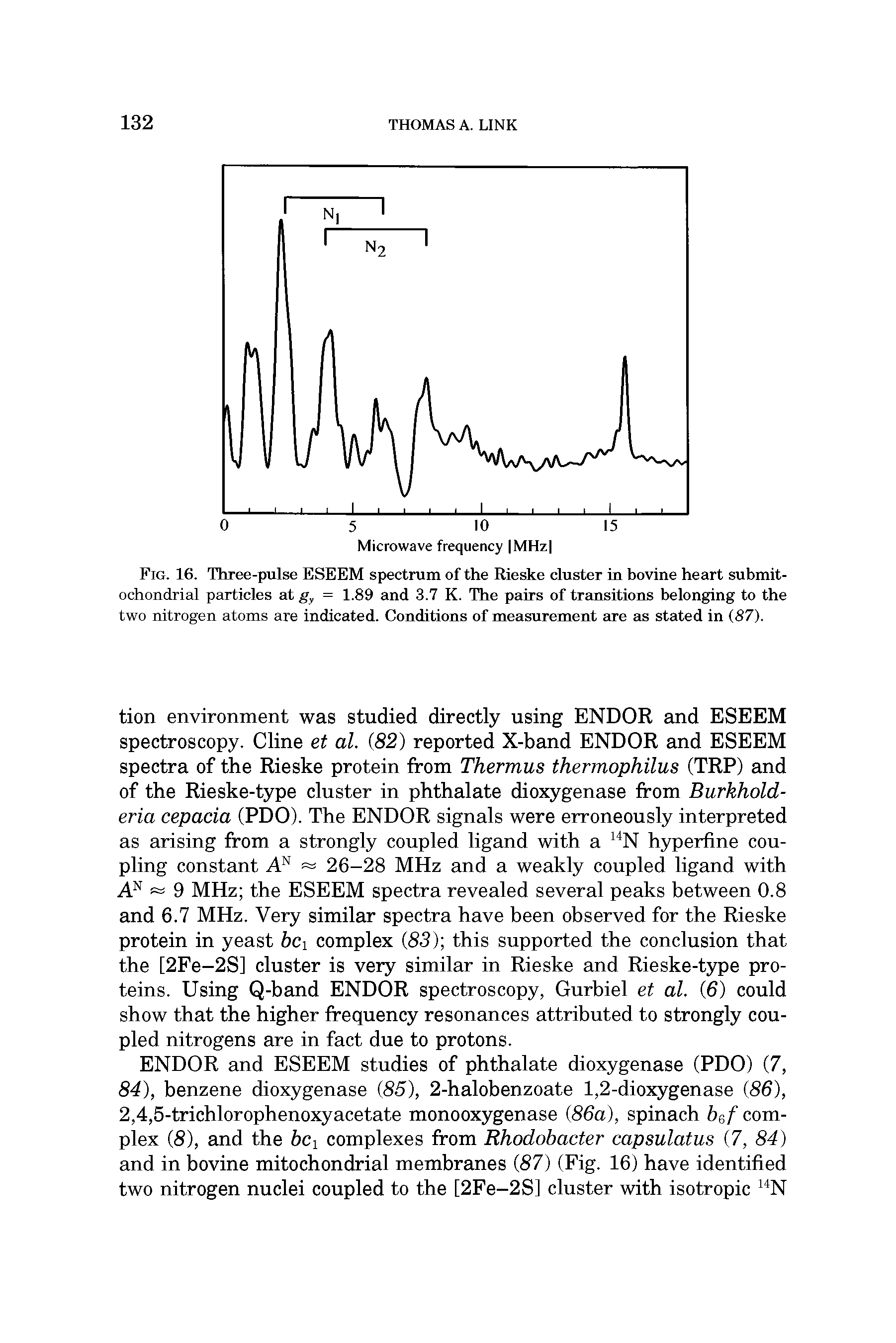 Fig. 16. Three-pulse ESEEM spectrum of the Rieske cluster in hovine heart submit-ochondrial particles at gy = 1.89 and 3.7 K. The pairs of trEmsitions belonging to the two nitrogen atoms are indicated. Conditions of measurement EU-e as stated in (87).