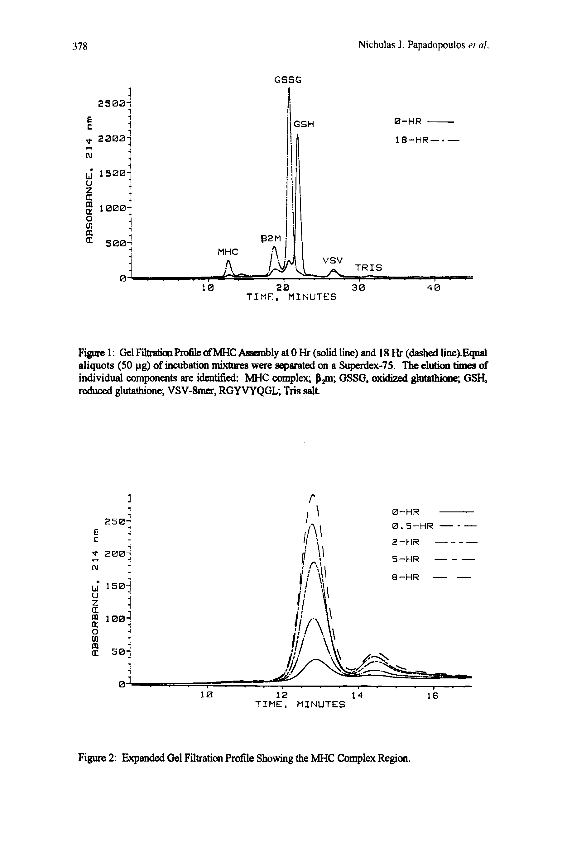 Figure 1 Gel Filtration Prc e ( MHC Assonbly at 0 Hr (solid line) and 18 Hr (dashed line).Equal aliquots (50 pg) of incubation mixtures were separated on a Superdex-73. The elutkm times of individual components are identified MHC complex P,m GSSG, oxidized glutathione OSH, reduced glutathione VSV-8mer, RGYVYQGL Tris salt...