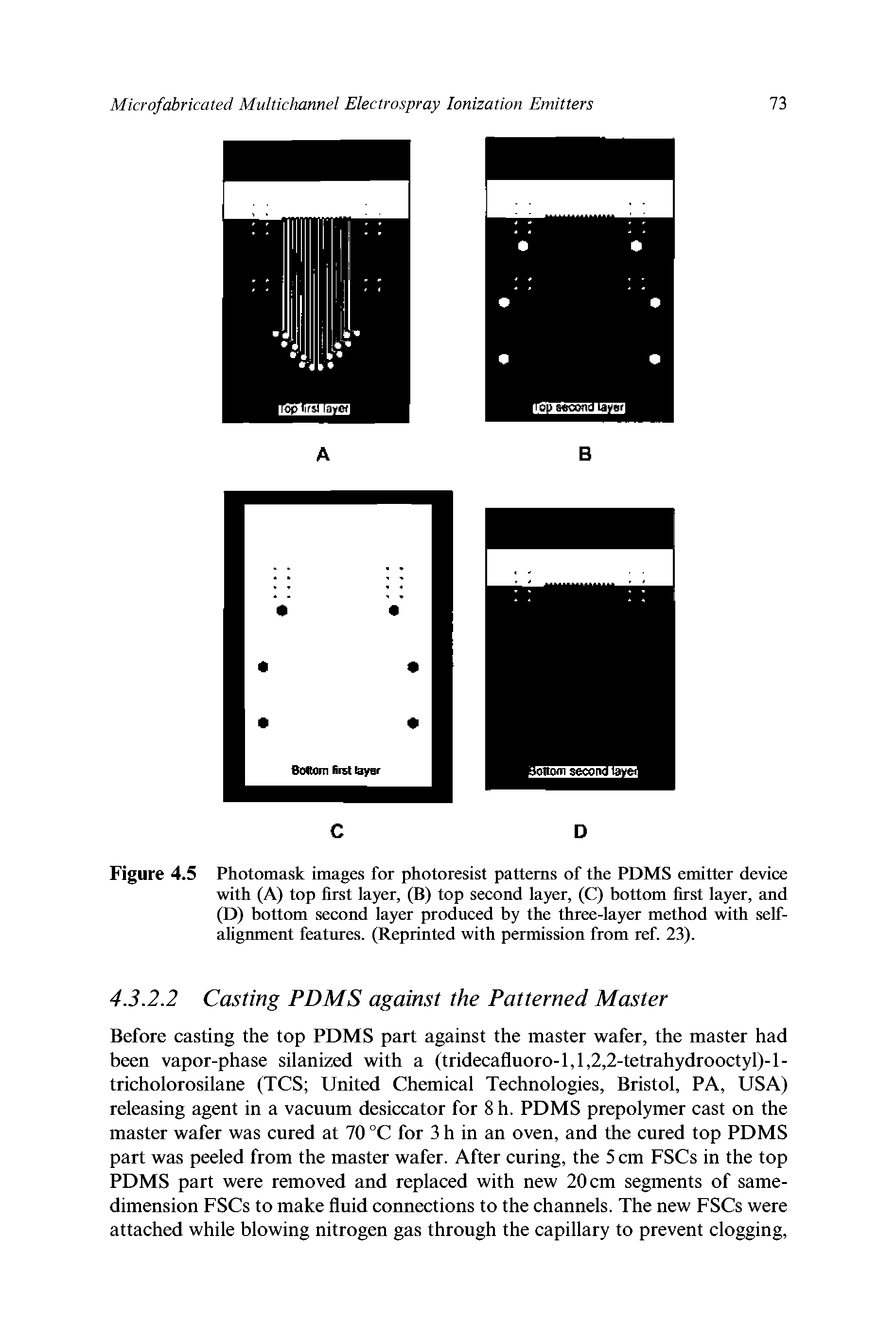 Figure 4.5 Photomask images for photoresist patterns of the PDMS emitter device with (A) top first layer, (B) top second layer, (C) bottom first layer, and (D) bottom second layer produced by the three-layer method with selfalignment features. (Reprinted with permission from ref. 23).