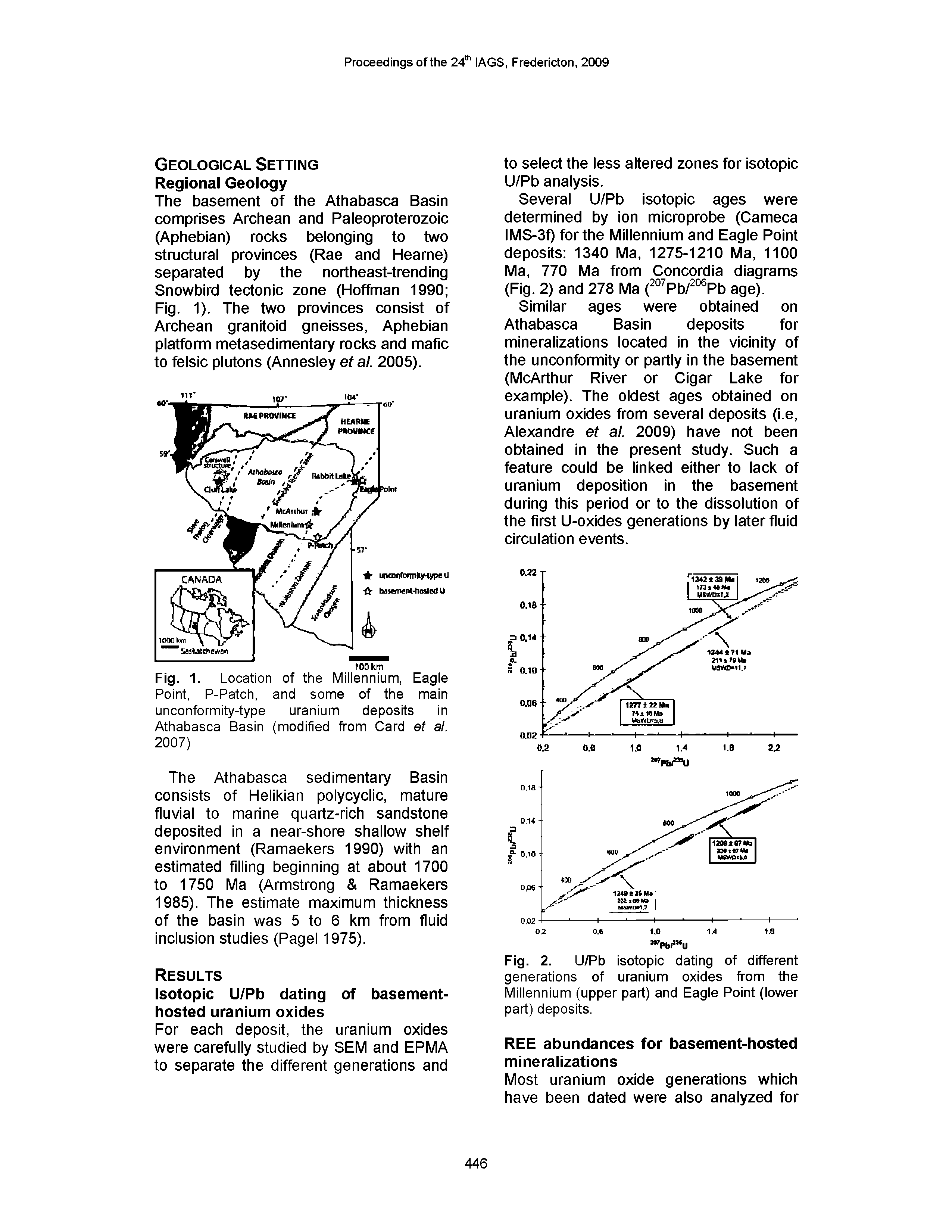 Fig. 2. U/Pb isotopic dating of different generations of uranium oxides from the Millennium (upper part) and Eagle Point (lower part) deposits.