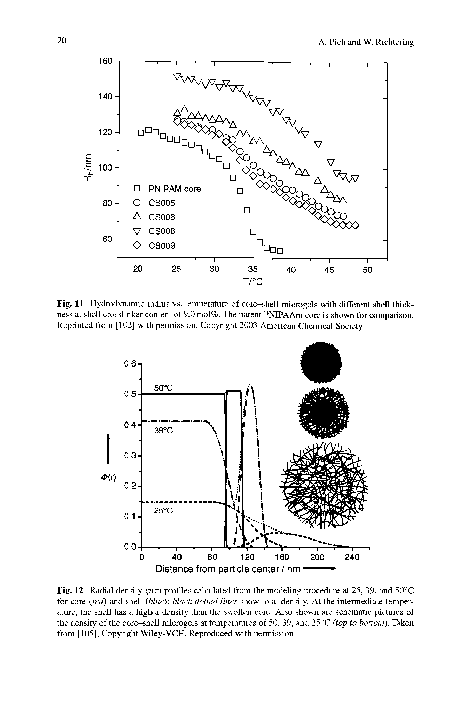 Fig. 12 Radial density <p(r) profiles calculated from the modeling procedure at 25, 39, and 50°C for core (red) and shell (blue), black dotted lines show total density. At the intermediate temperature, the shell has a higher density than the swollen core. Also shown are schematic pictures of the density of the core-shell microgels at temperatures of 50, 39, and 25°C (top to bottom). Taken from [105], Copyright Wiley-VCH. Reproduced with permission...