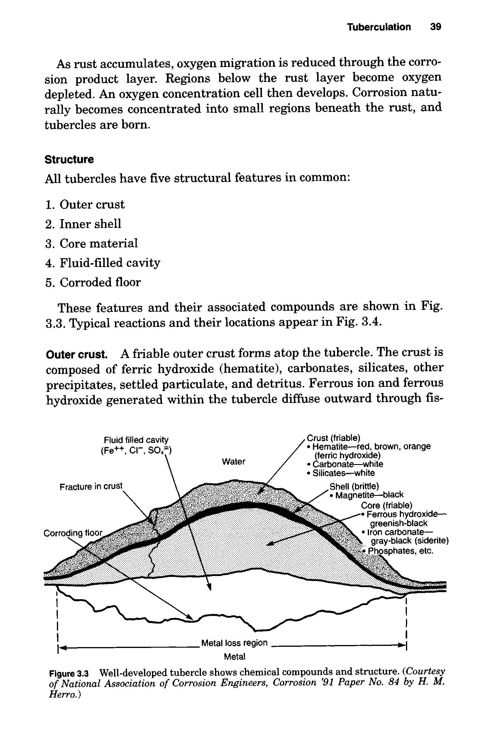 Figure 3.3 Well-developed tubercle shows chemical compounds and structure. (Courtesy of National Association of Corrosion Engineers, Corrosion 91 Paper No. 84 by H. M. Herro.)...
