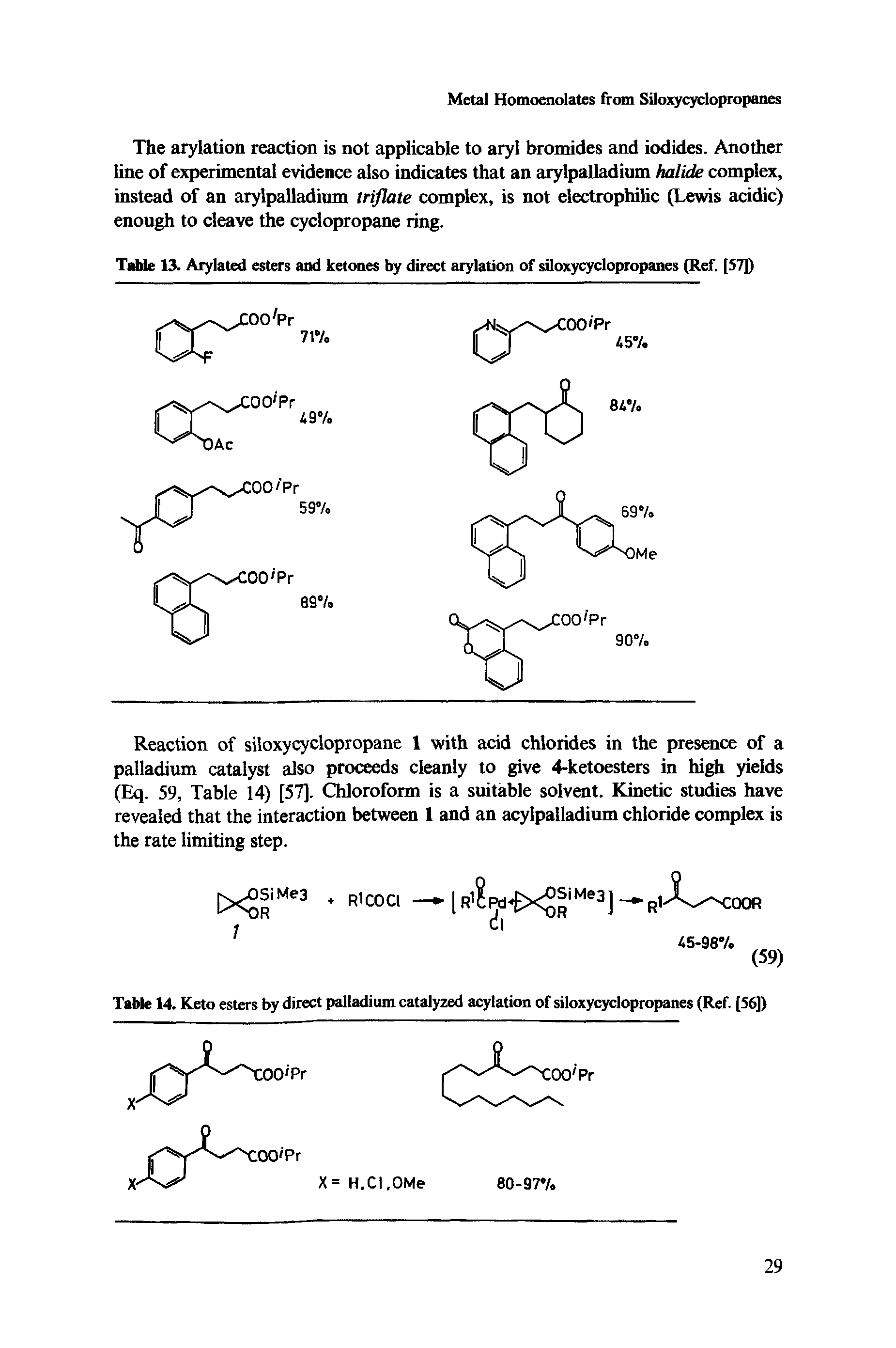 Table 13. Arylated esters and ketones by direct arylation of siloxycyclopropanes (Ref. [57])...