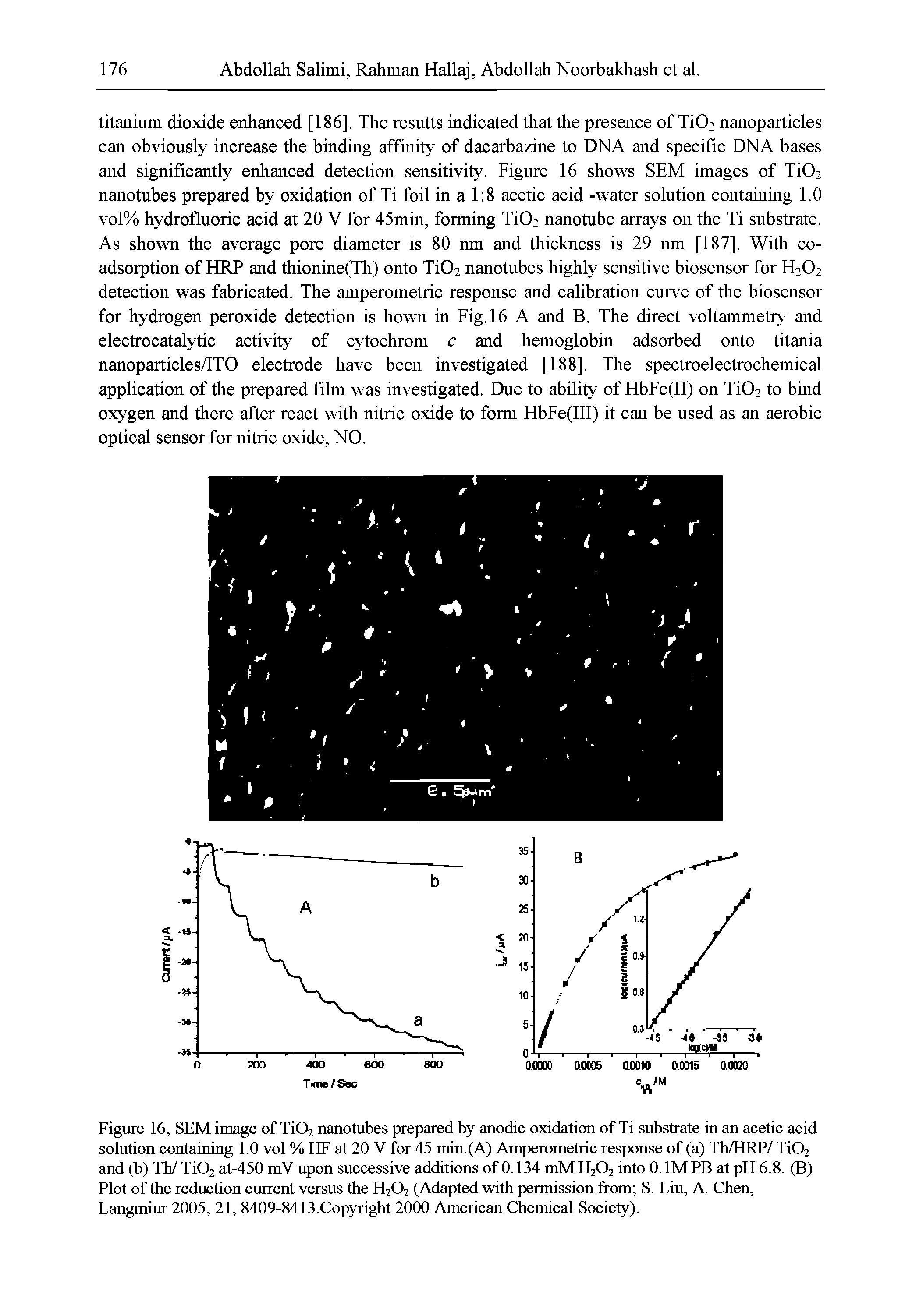 Figure 16, SEM image of Ti02 nanotubes prepared by anodic oxidation of Ti substrate in an acetic acid solution containing 1.0 vol % HF at 20 V for 45 min.(A) Amperometric response of (a) Th/HRP/ Ti02 and (b) Th/ Ti02 at-450 mV upon successive additions of 0.134 mM H202 into 0.1M PB at pH 6.8. (B) Plot of the reduction current versus the H202 (Adapted with permission from S. Liu, A. Chen, Langmiur 2005, 21, 8409-8413.Copy right 2000 American Chemical Society).