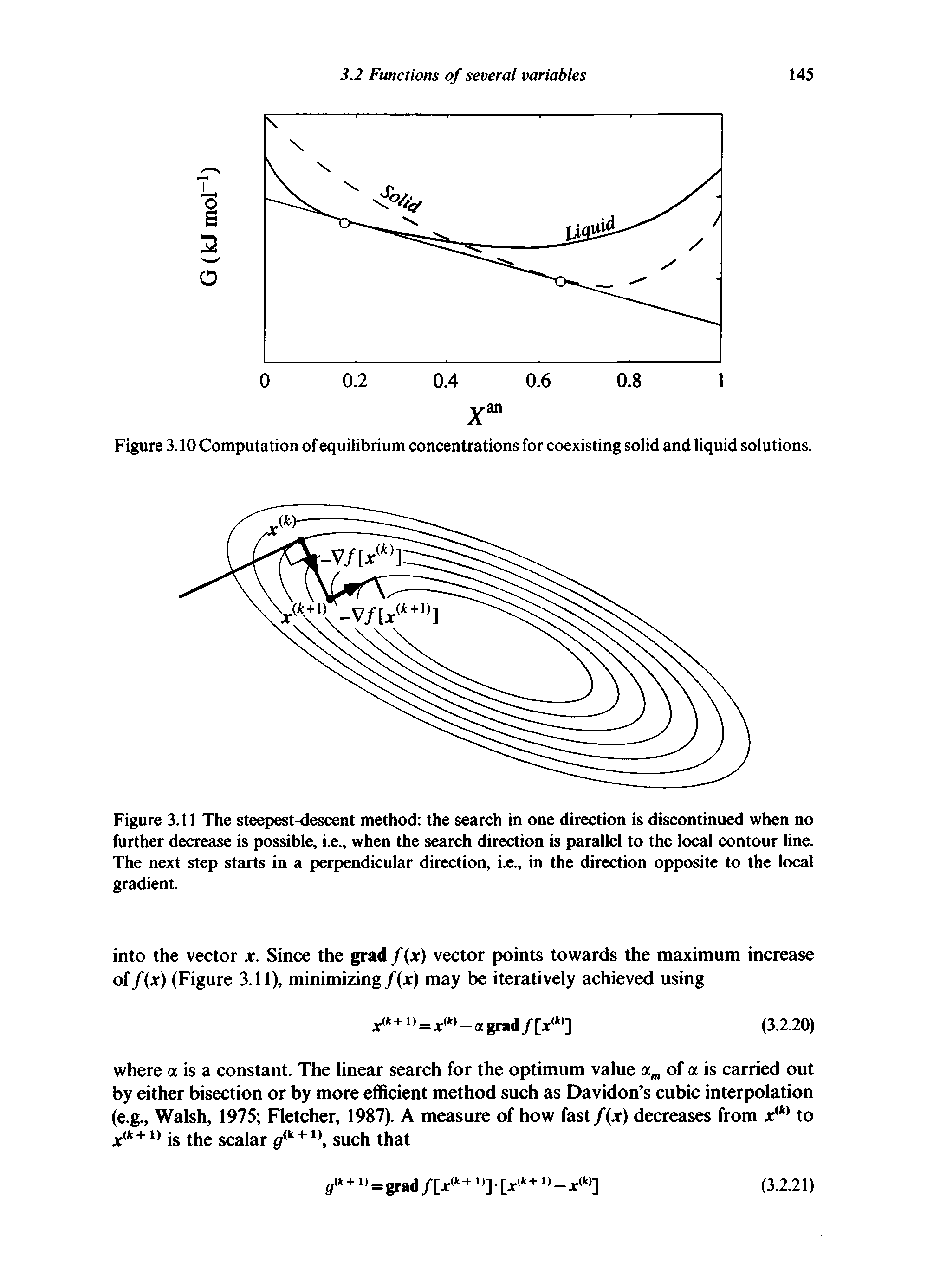 Figure 3.11 The steepest-descent method the search in one direction is discontinued when no further decrease is possible, i.e., when the search direction is parallel to the local contour line. The next step starts in a perpendicular direction, i.e., in the direction opposite to the local gradient.