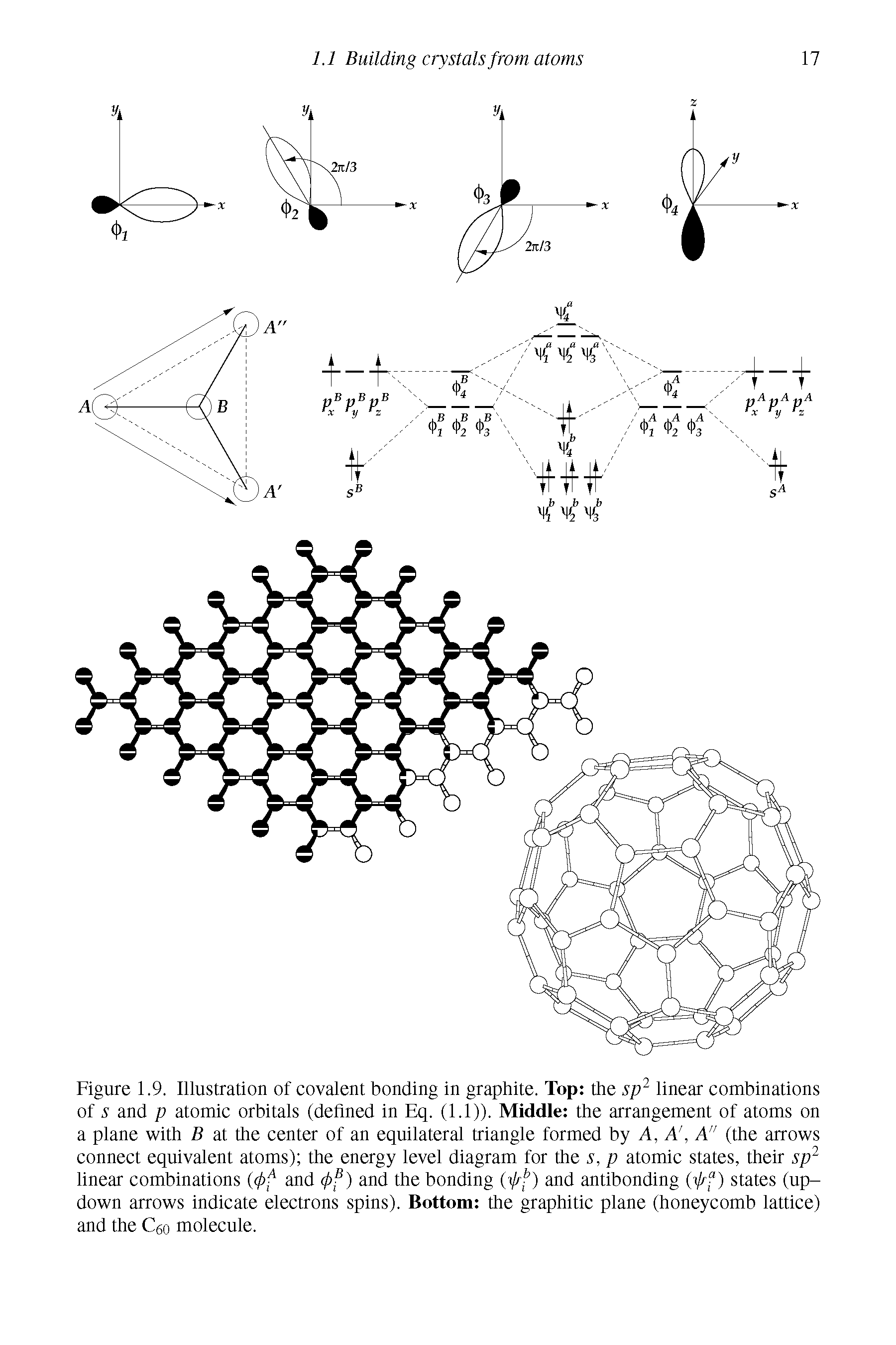 Figure 1.9. Illustration of covalent bonding in graphite. Top the sp linear combinations of. y and p atomic orbitals (detined in Eq. (1.1)). Middle the arrangement of atoms on a plane with B at the center of an equilateral triangle formed by A, A, A" (the arrows connect equivalent atoms) the energy level diagram for the. y, p atomic states, their sp linear combinations (ff and ff) and the bonding (ff) and antibonding ff ) states (up-down arrows indicate electrons spins). Bottom the graphitic plane (honeycomb lattice) and the Ceo molecule.