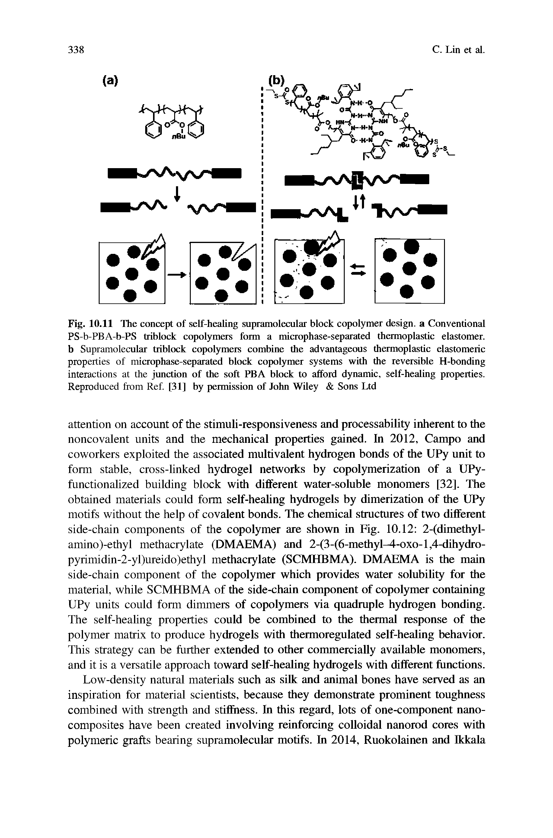 Fig. 10.11 The concept of self-healing sujnamolecular block copolymer design, a Conventional PS-b-PBA-b-PS triblock copolymers form a microphase-separated thermoplastic elastomer, b Supramolecular triblock copolymers combine the advantageous thermoplastic elastomeric properties of microphase-separated block copolymer systems with the reversible H-bonding interactions at the junction of the soft PBA block to afford dynamic, self-healing properties. Reproduced from Ref. [31] by permission of John Wiley Sons Ltd...