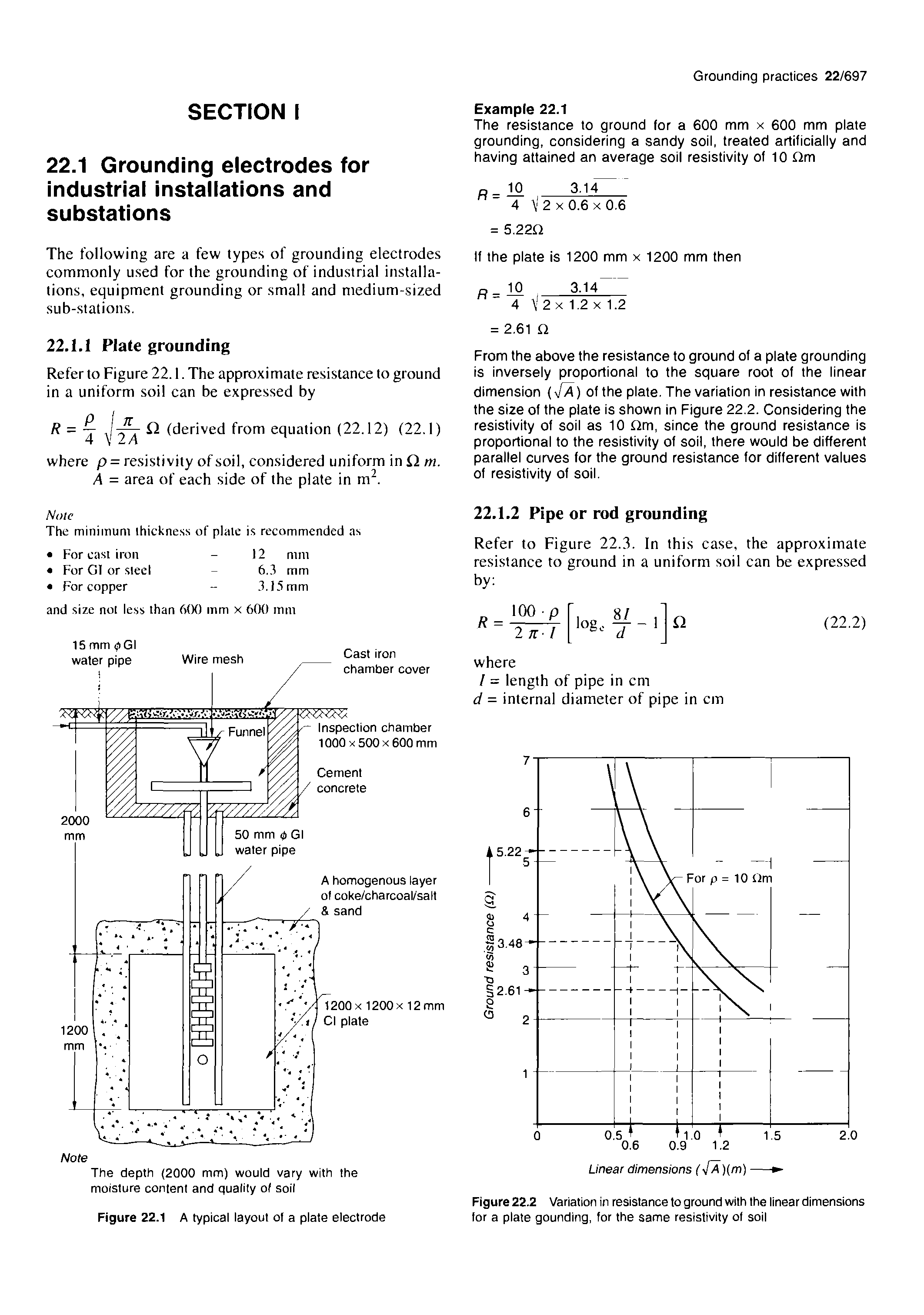 Figure 22.2 Variation in resistance to ground with the linear dimensions lor a plate gounding, for the same resistivity of soil...