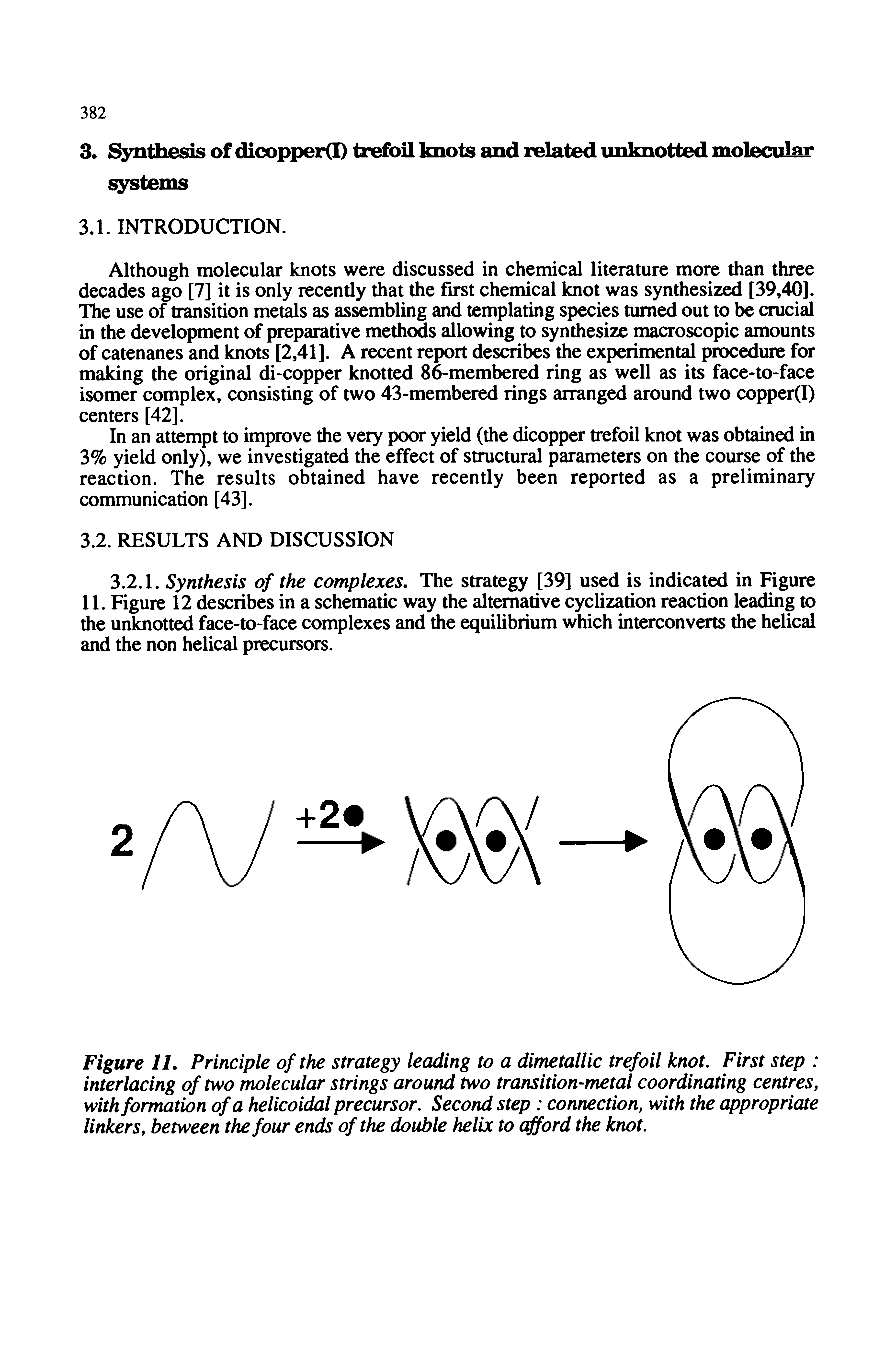 Figure 11. Principle of the strategy leading to a dimetallic tr oil knot. First step interlacing of two molecular strings around two transition-metal coordinating centres, with formation of a helicoidal precursor. Second step connection, with the appropriate linkers, between the four ends of the double helix to afford the knot.