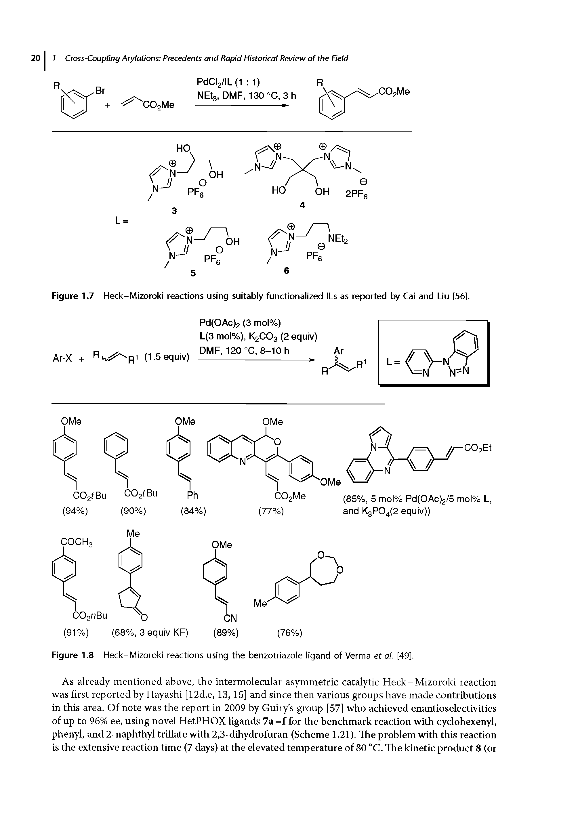 Figure 1.8 Heck-Mizoroki reactions using the benzotriazole ligand of Verma et al. [49].