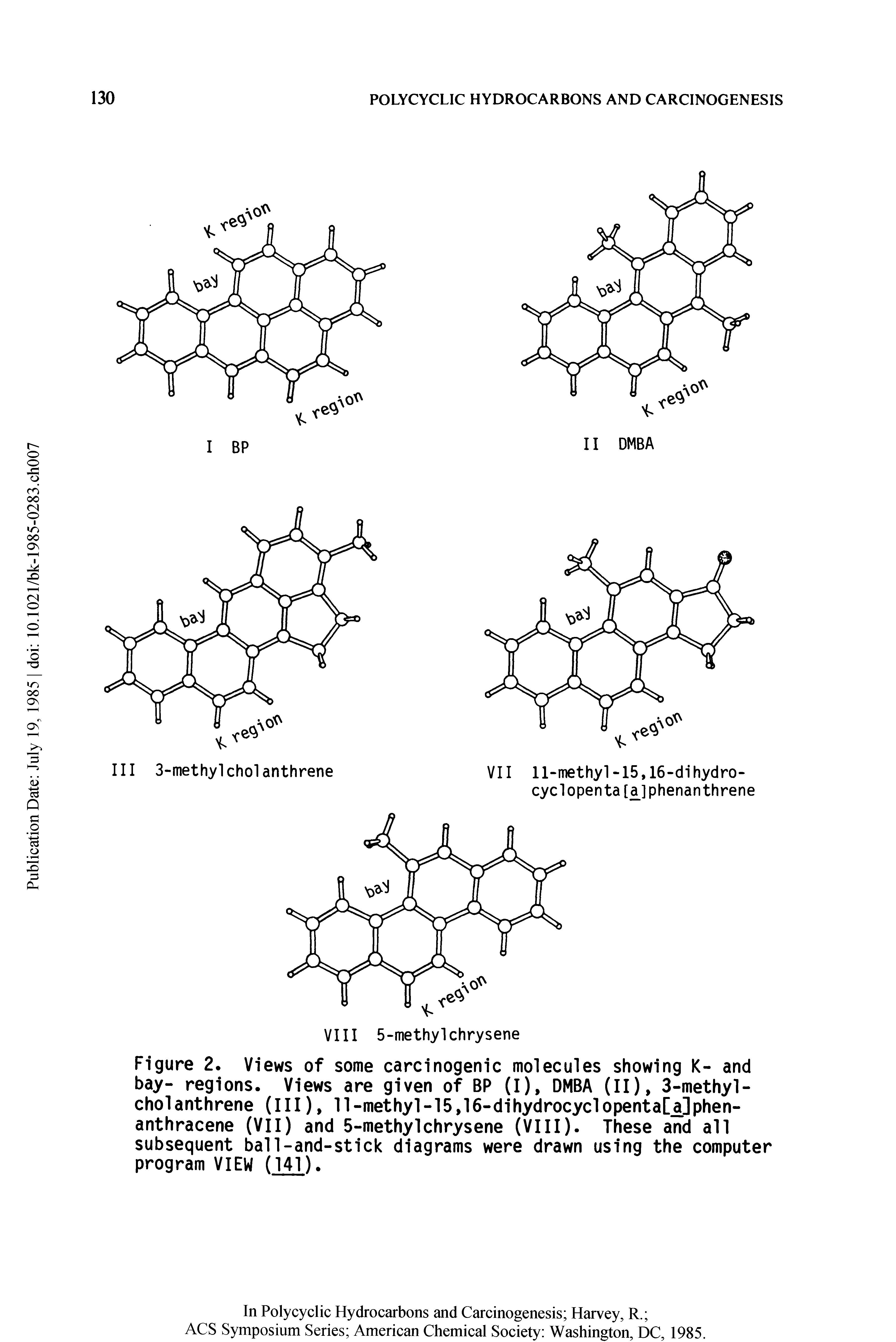 Figure 2. Views of some carcinogenic molecules showing K- and bay- regions. Views are given of BP (I), DMBA (II), 3-methyl-cholanthrene (III), ll-methyl-15,16-dihydrocyclopenta[a]phen-anthracene (VII) and 5-methylchrysene (VIII). These and all subsequent ball-and-stick diagrams were drawn using the computer program VIEW (141).